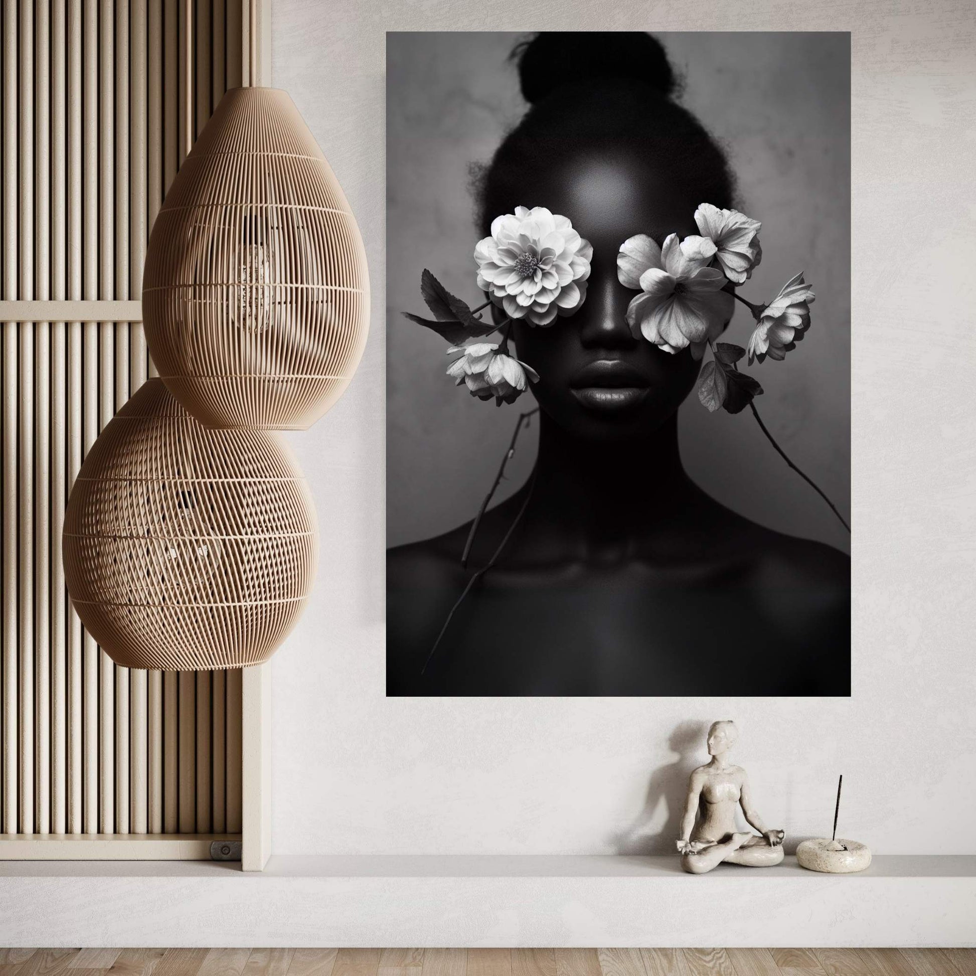 African Black Woman Canvas Flower Portrait Canvas Wall Art - Y Canvas