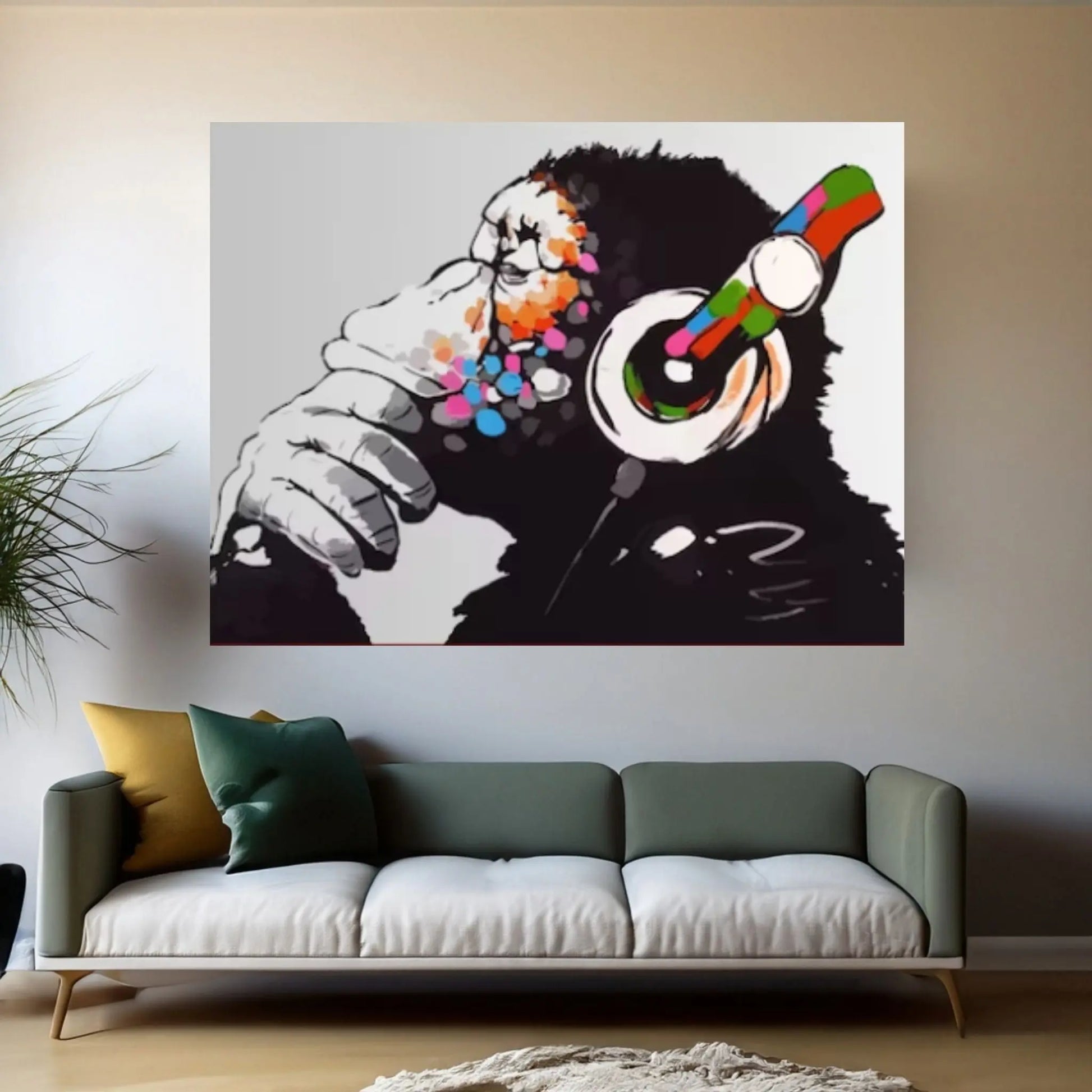 Monkey Headphones Canvas Wall Art, Thinking Monkey DJ, Banksy Monkey - Y Canvas