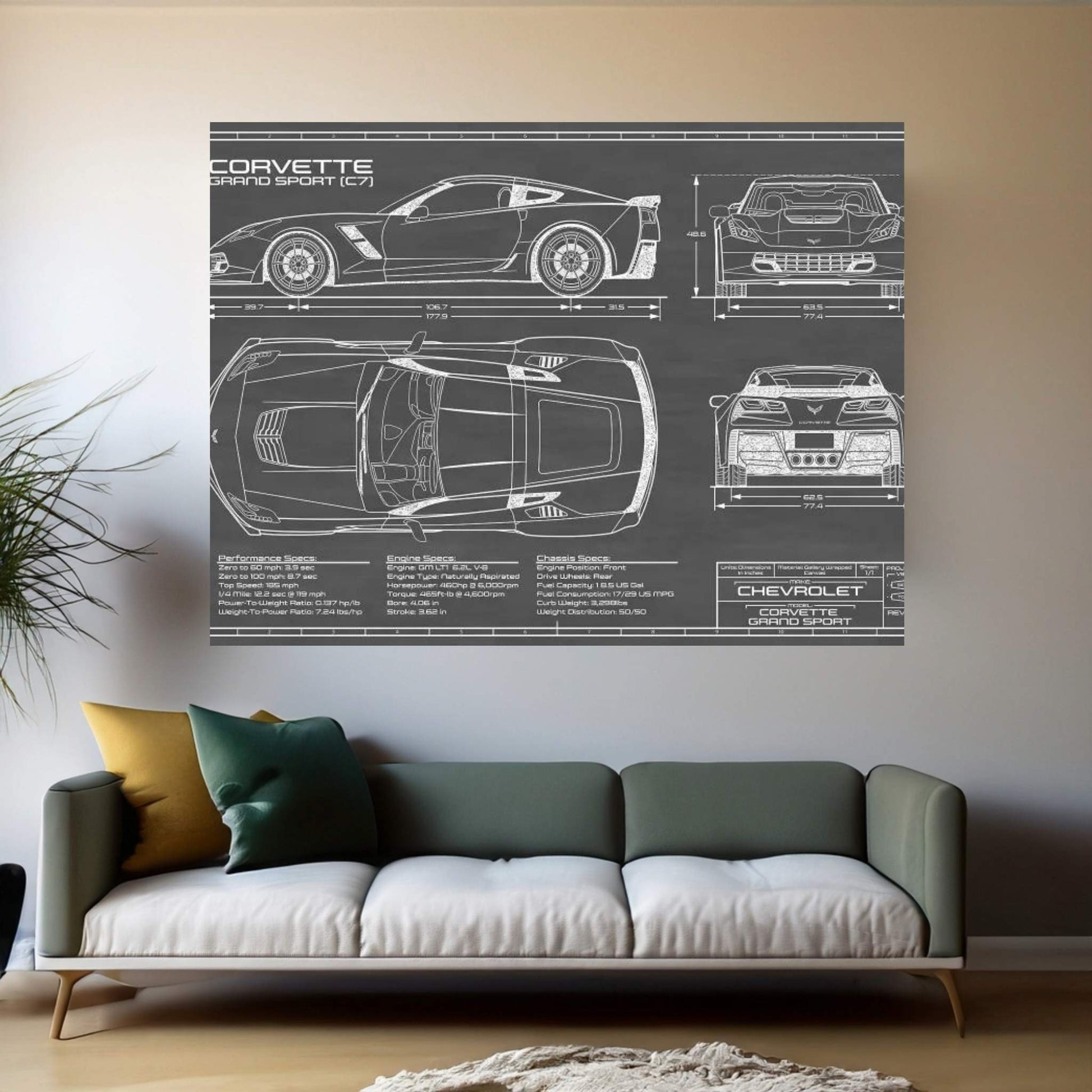 Corvette (C7) Grand Sport Black Canvas Wall Art - Y Canvas