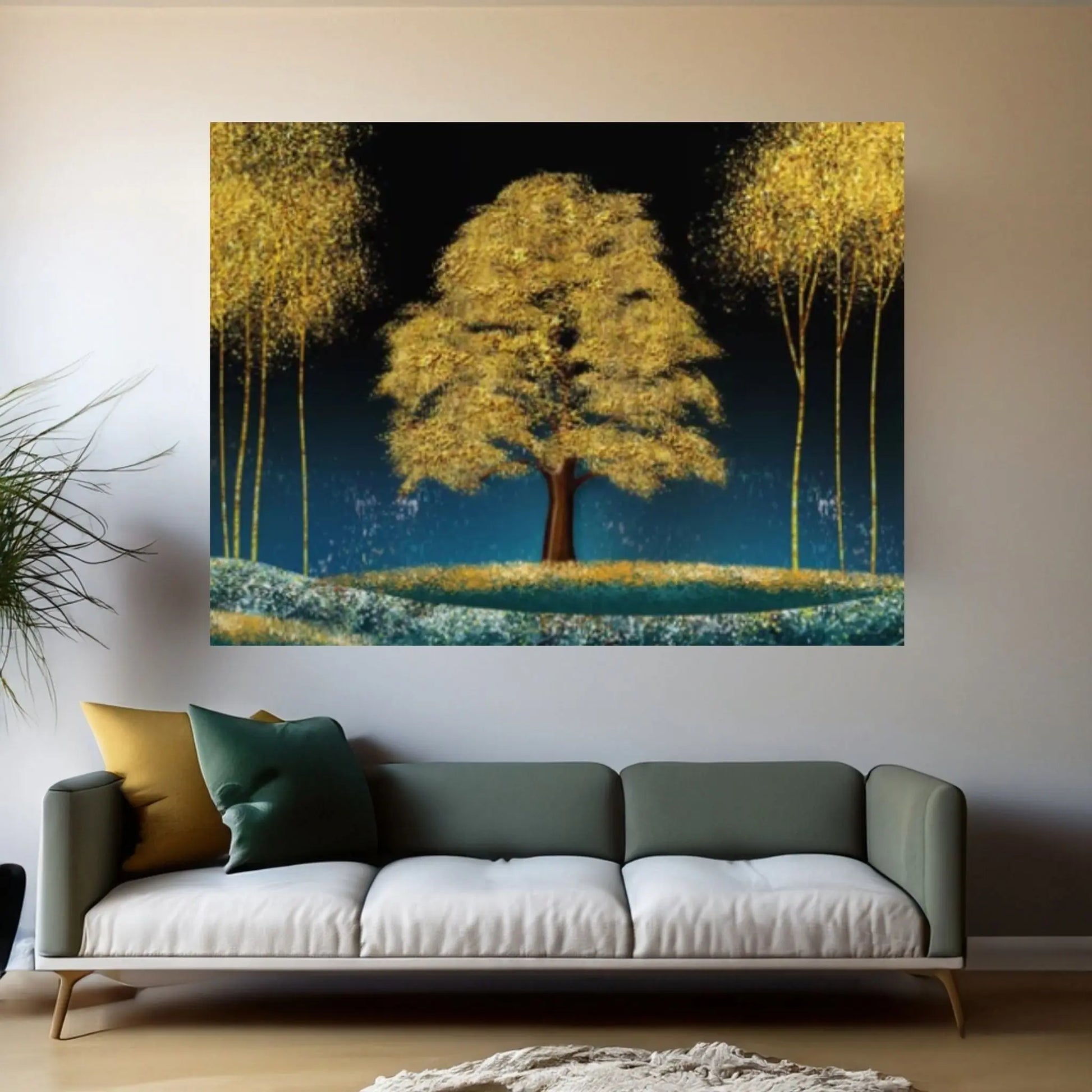 3d modern canvas wall art print poster art mural wallpaper landscape moon, golden christmas trees - Y Canvas