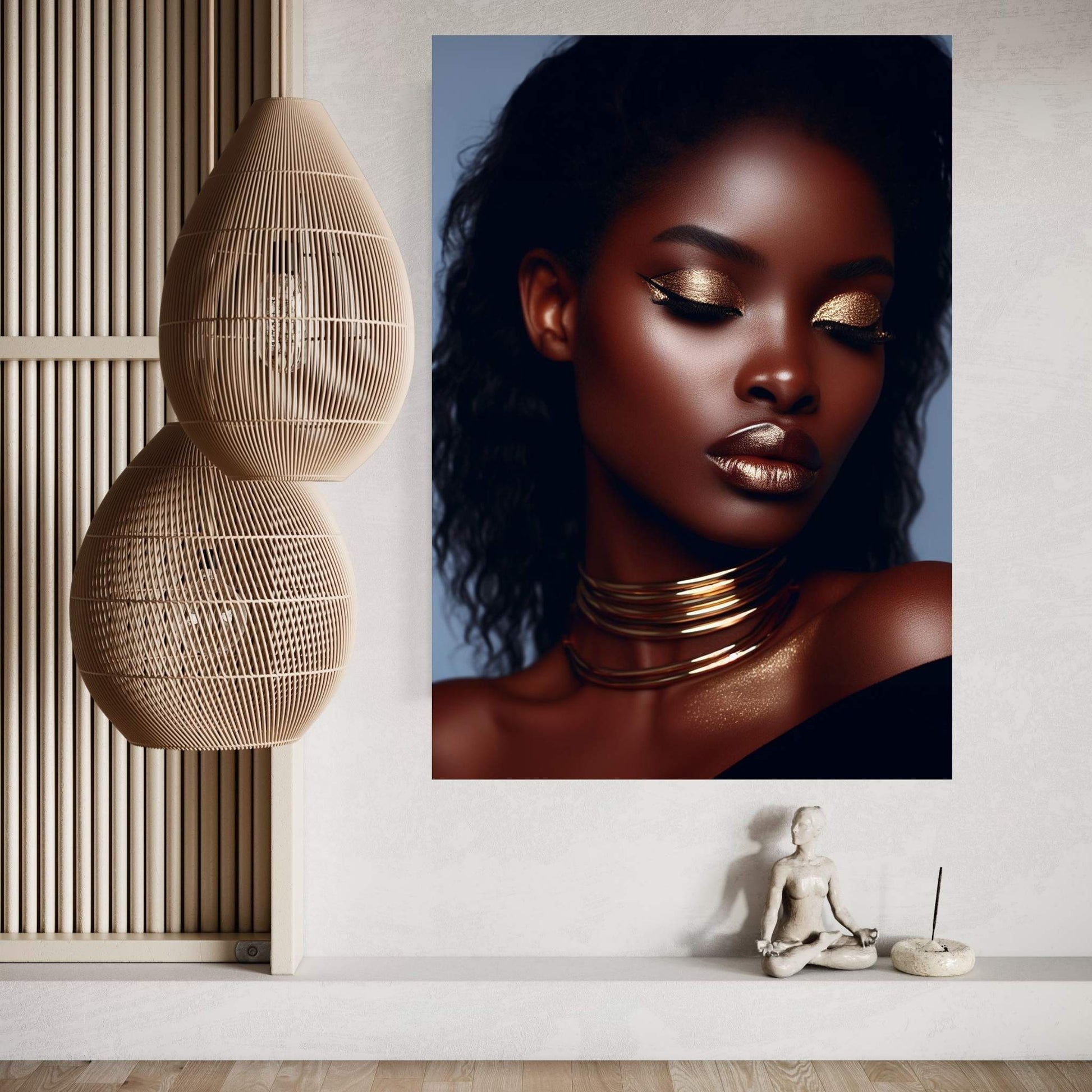 African Black Woman Gold Make-up Canvas Portrait Canvas Wall Art - Y Canvas