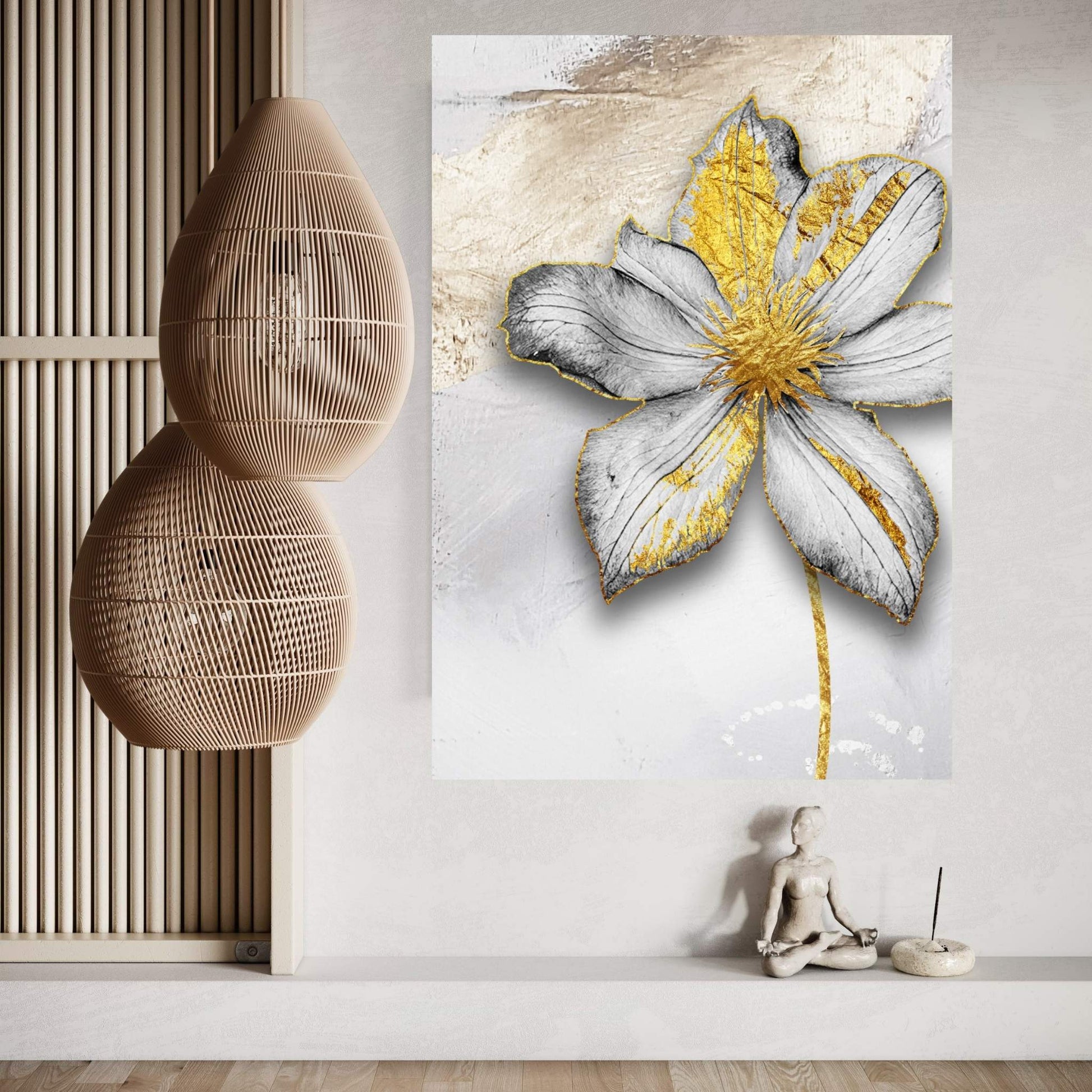 White Flower with Gold Detail Modern Abstract Canvas Wall Art - Y Canvas