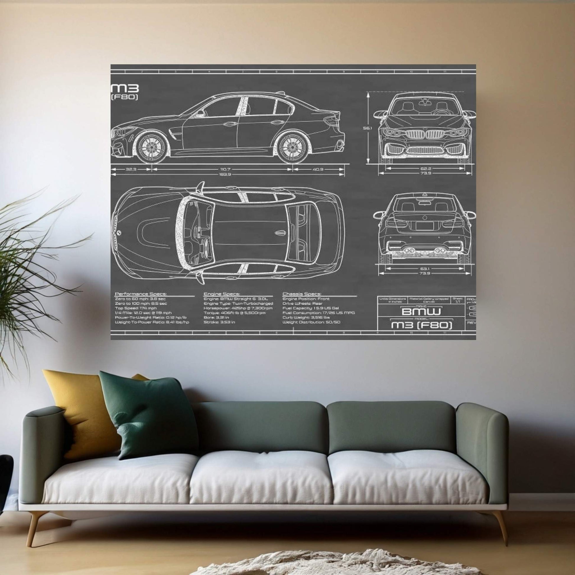 BMW M3 (F80) Black Canvas Wall Art - Y Canvas