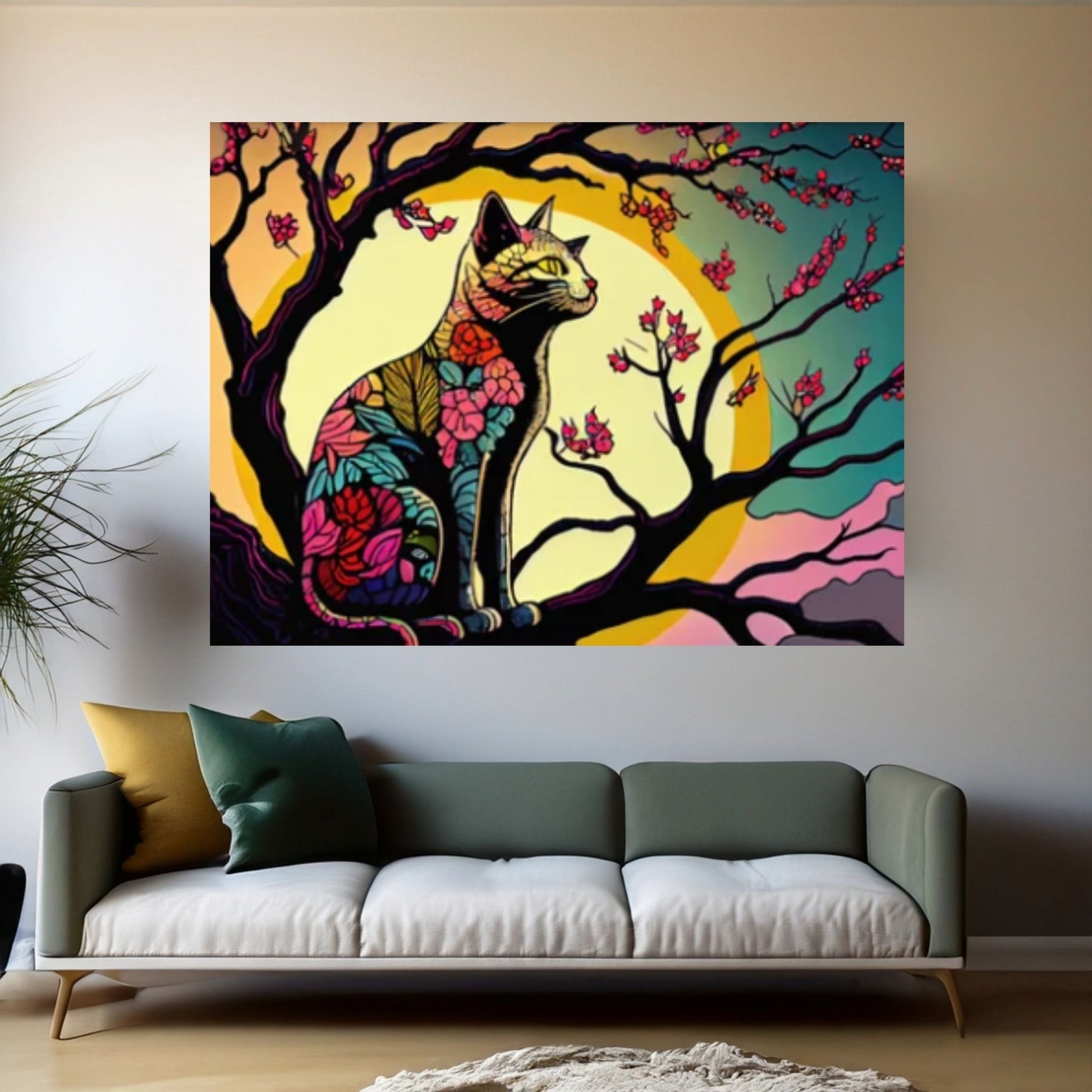 Cat Animal Canvas - Rainbow Cat- Japanese Cherry Tree - Picasso Style - Y Canvas