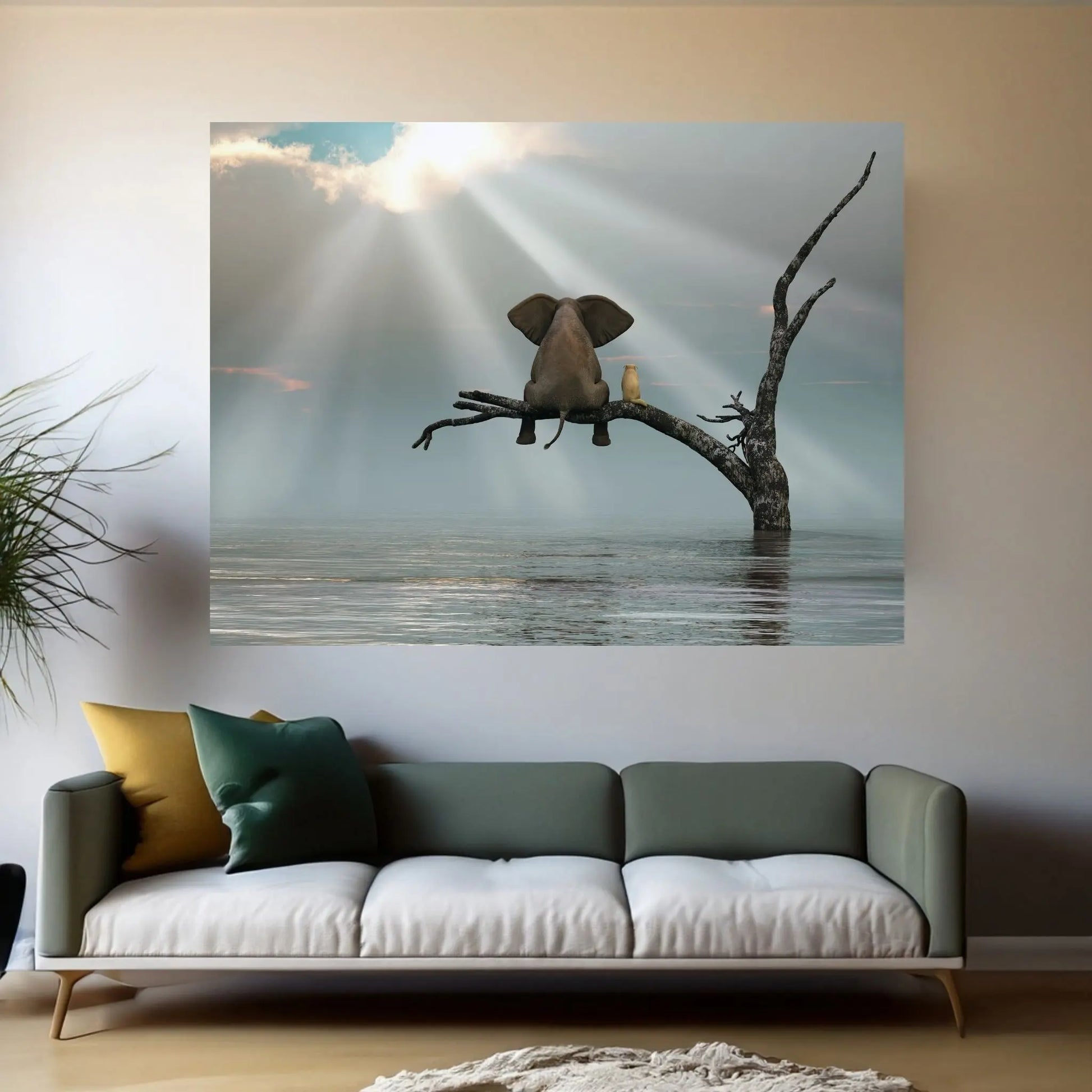 Elephant And Dog Are Sitting On A Tree Fleeing A Flood Canvas Wall Art - Y Canvas