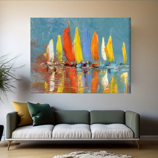 Large Sailboat Party Print Painting On Canvas Colorful Living Room Wall Art, sailboat painting - Y Canvas