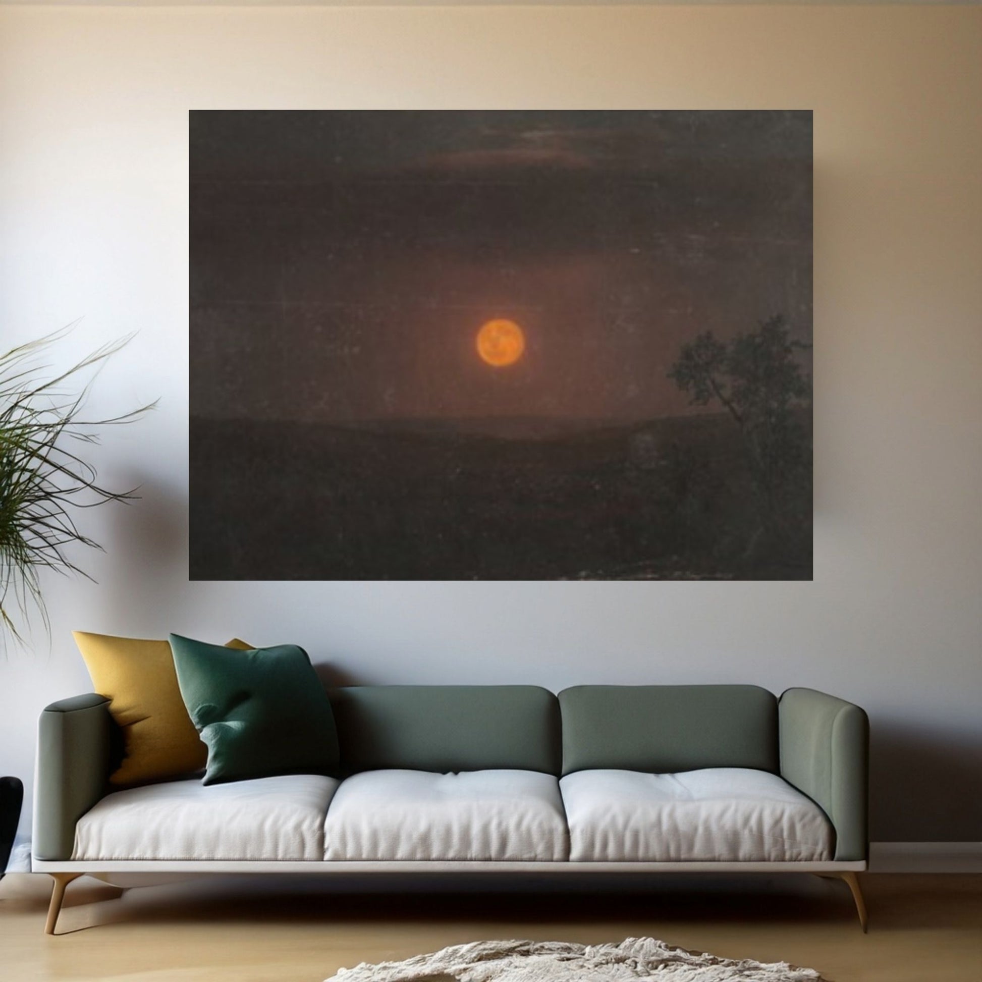 Moon over the Sea, Cherry Tree Blossoms Painting Print on Canvas - Y Canvas