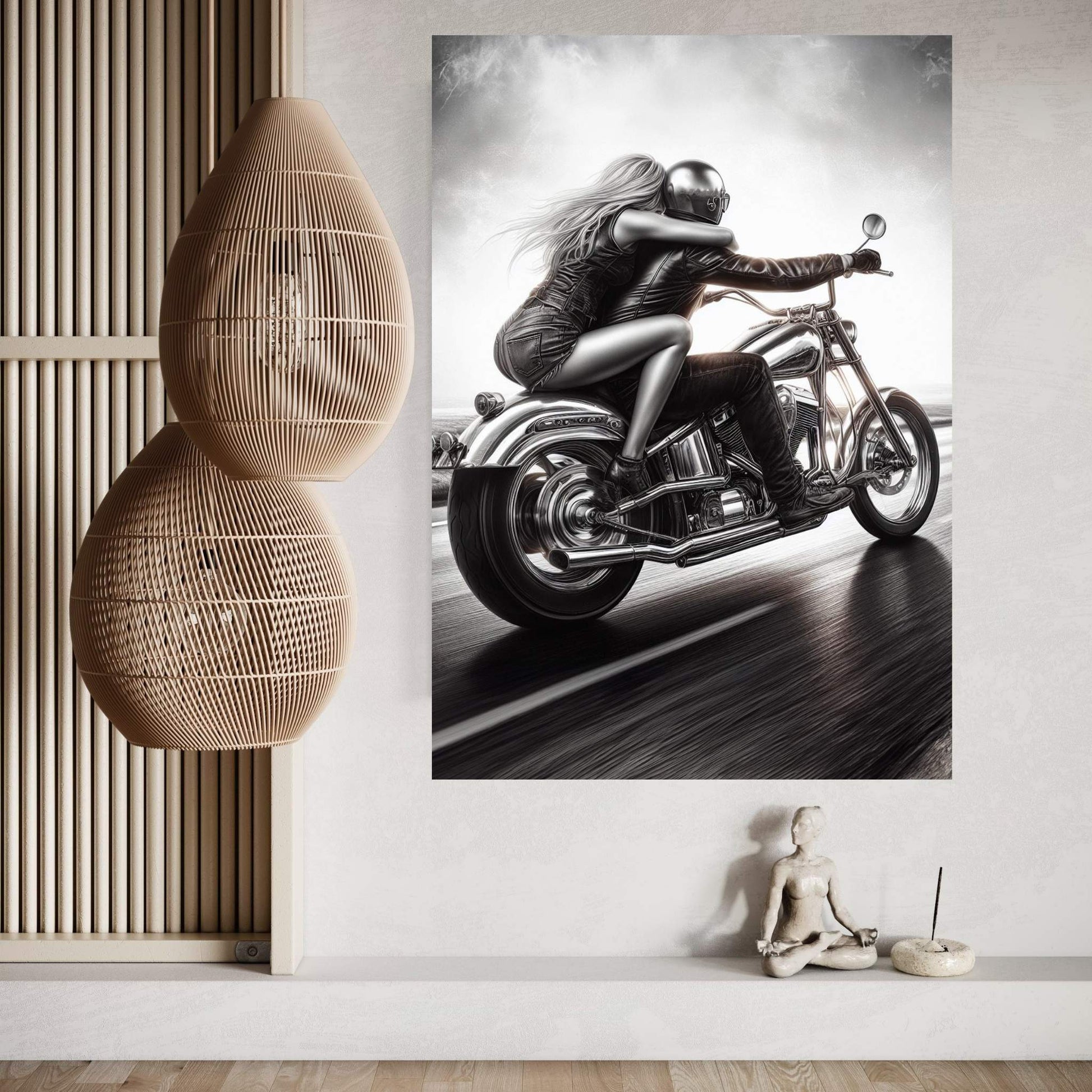 Metallic Couple Eiding A Motorcycle Canvas Wall Art - Y Canvas