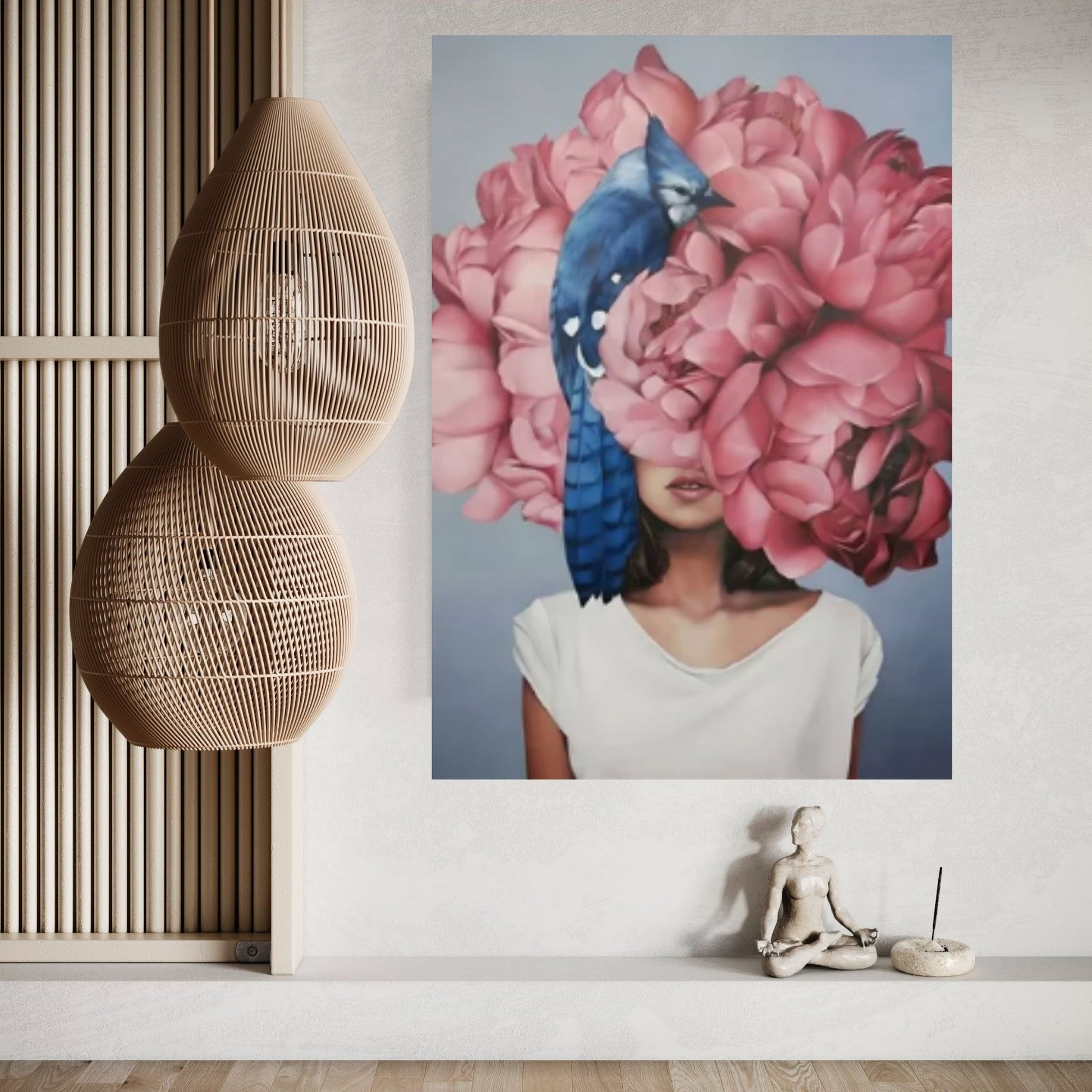 Pink Floral Woman Canvas Art, Blue Bird And Woman Wall Art, Woman with Flower and Bird Head - Y Canvas