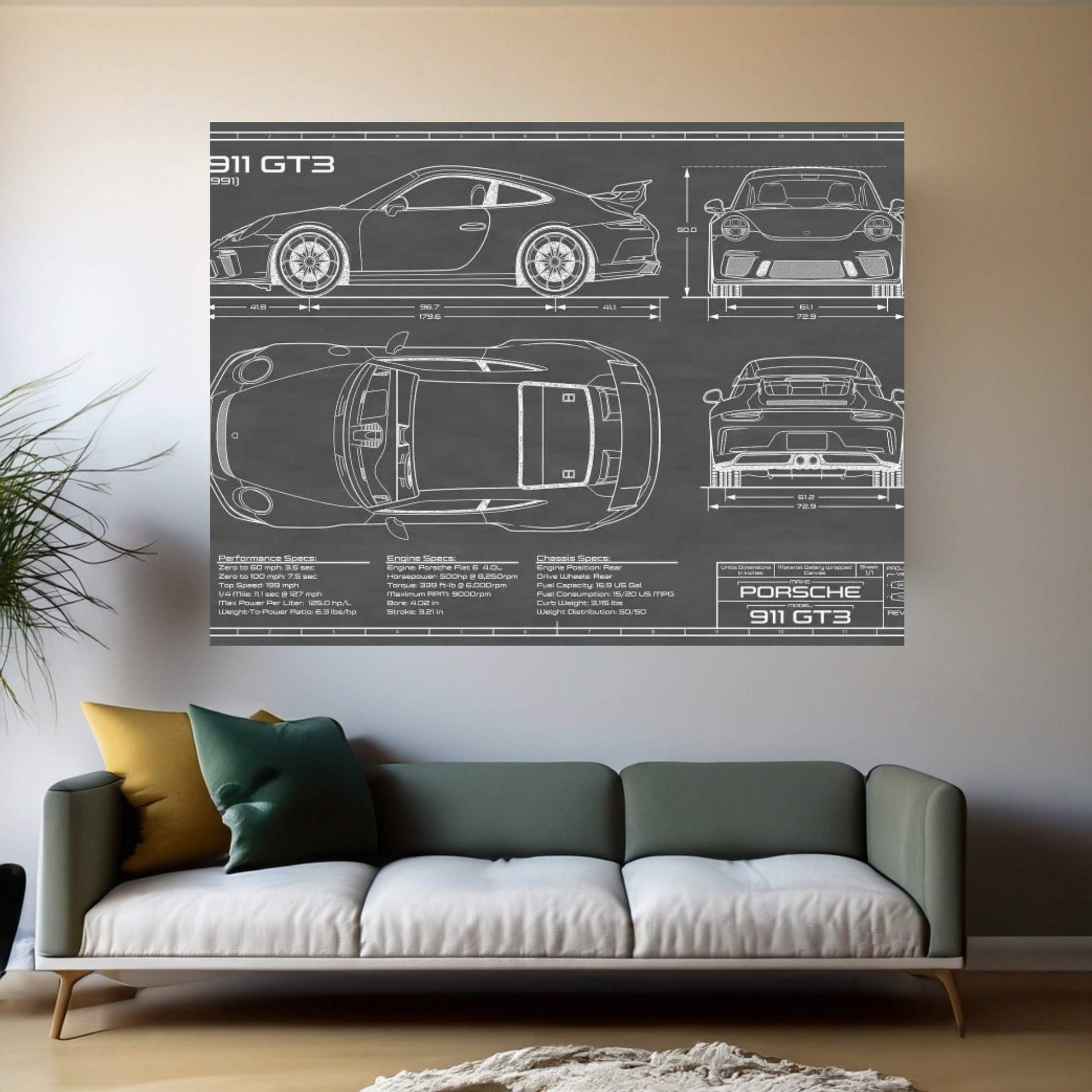 Porsche 911 GT3 (991) Black Canvas Wall Art - Y Canvas