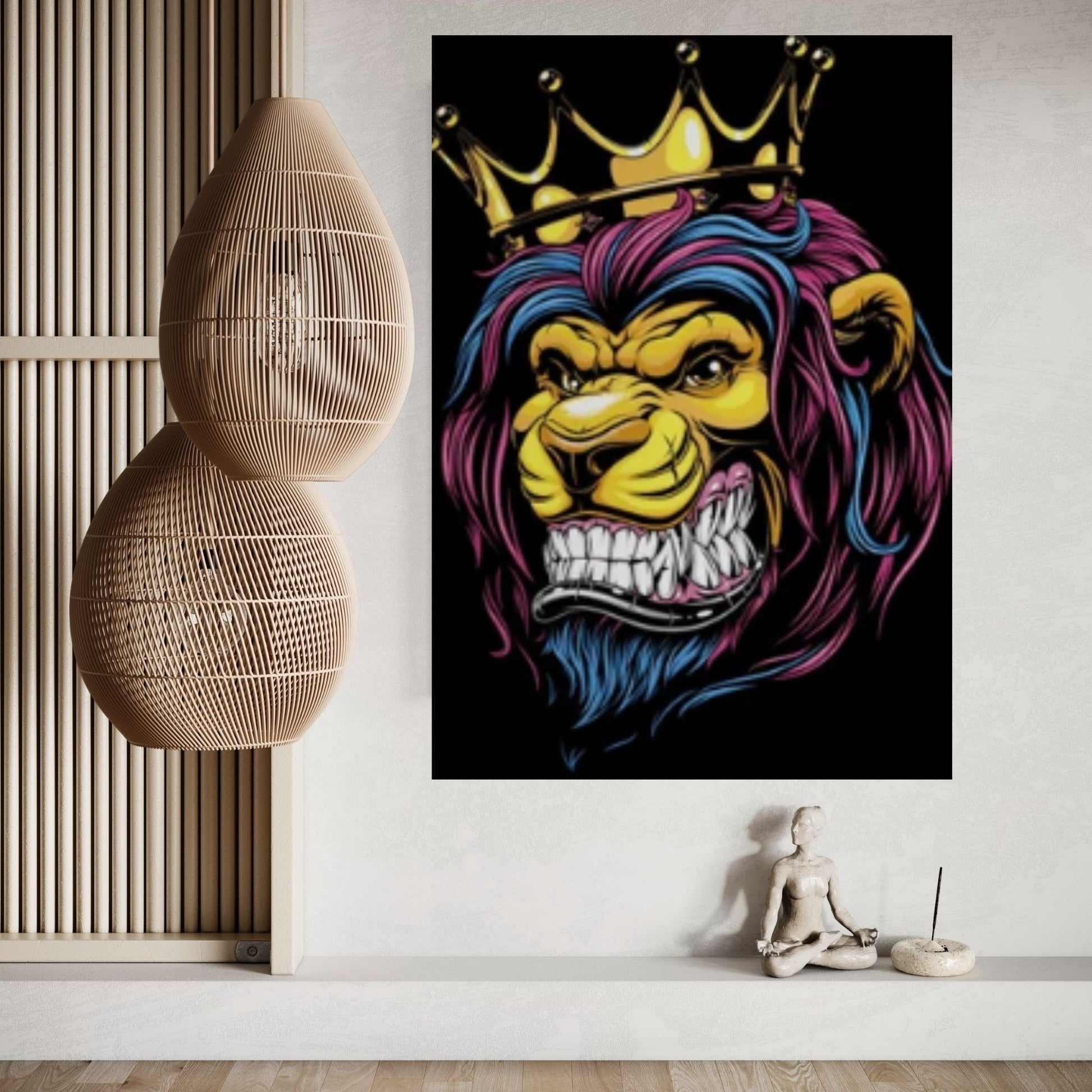 African King Banksy Cartoon Lion Canvas Wall Art - Y Canvas