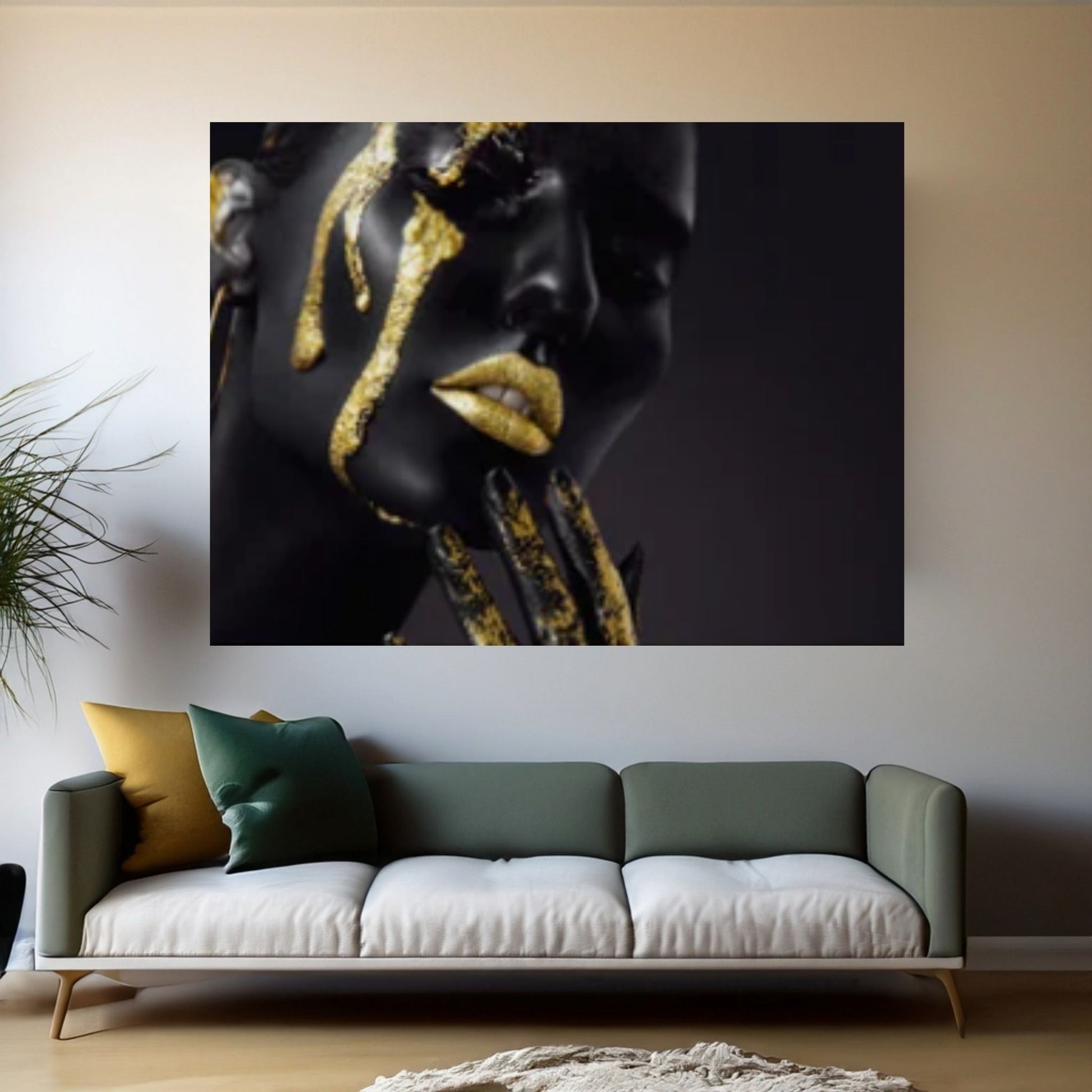 African Art Wall Decor, African Woman Makeup Wall Art, Abstract Canvas Art, Modern Gold Lips Wall Art - Y Canvas