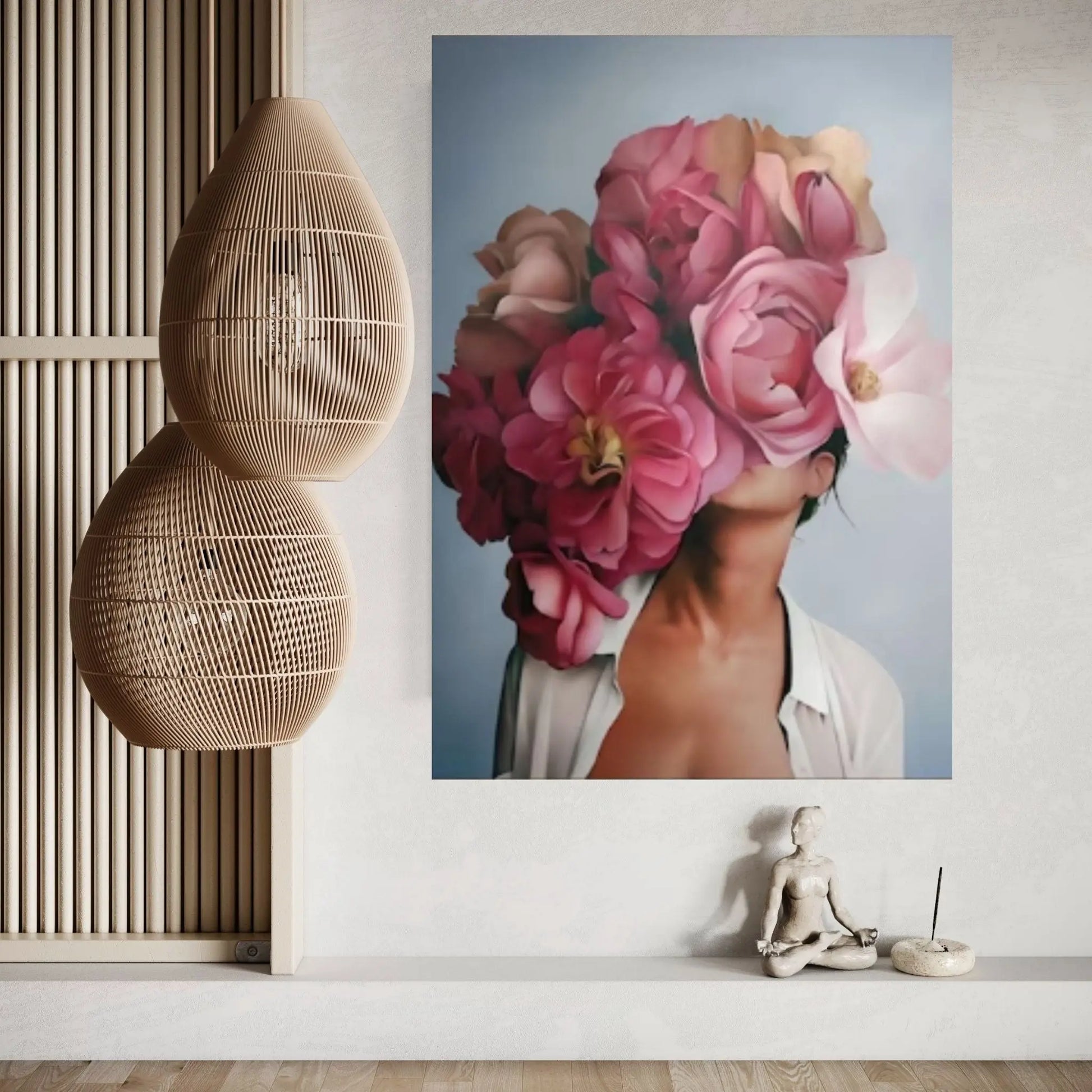 Pink Flower-Headed Woman Canvas Painting - Y Canvas