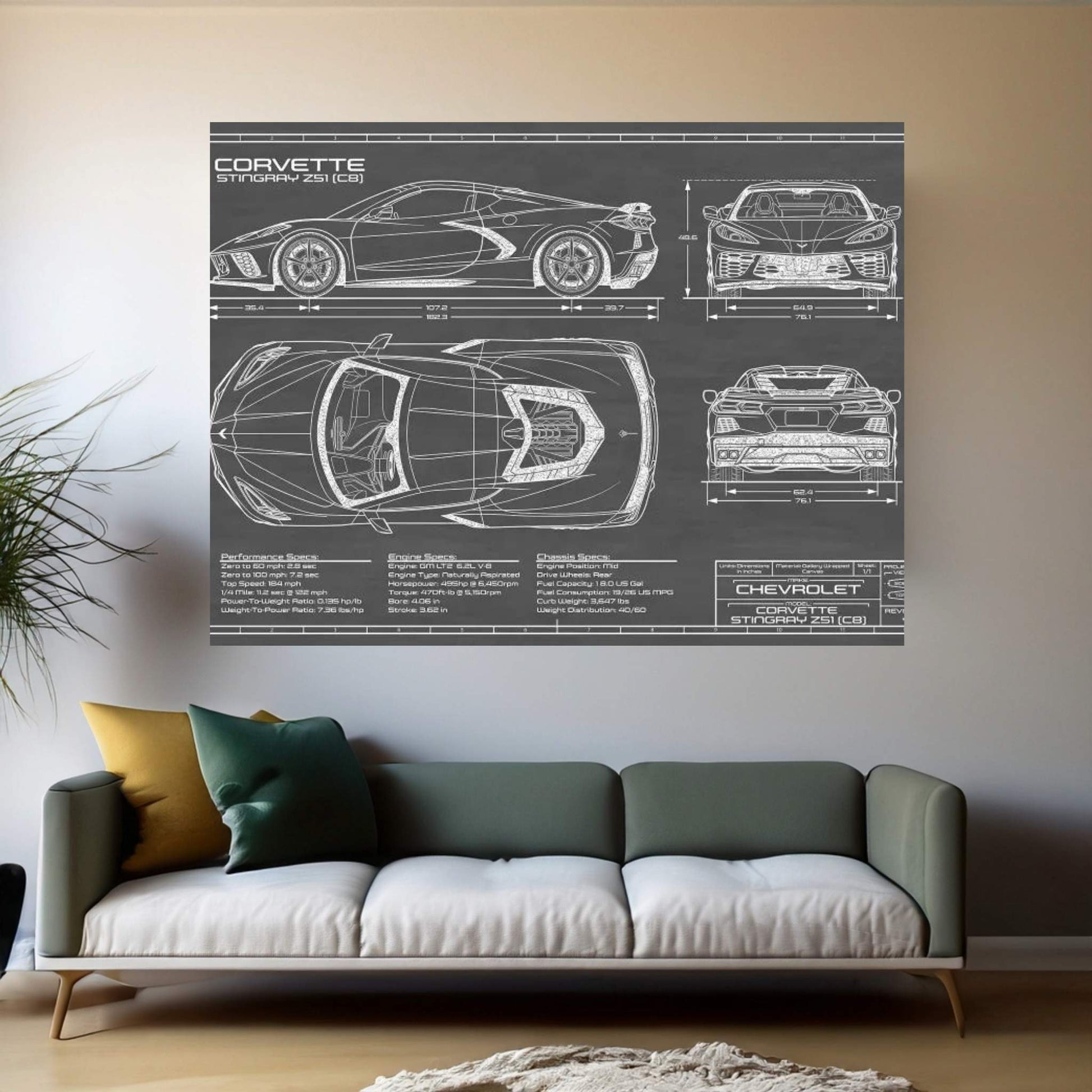 Corvette (C8) Stingray Black Canvas Wall Art - Y Canvas