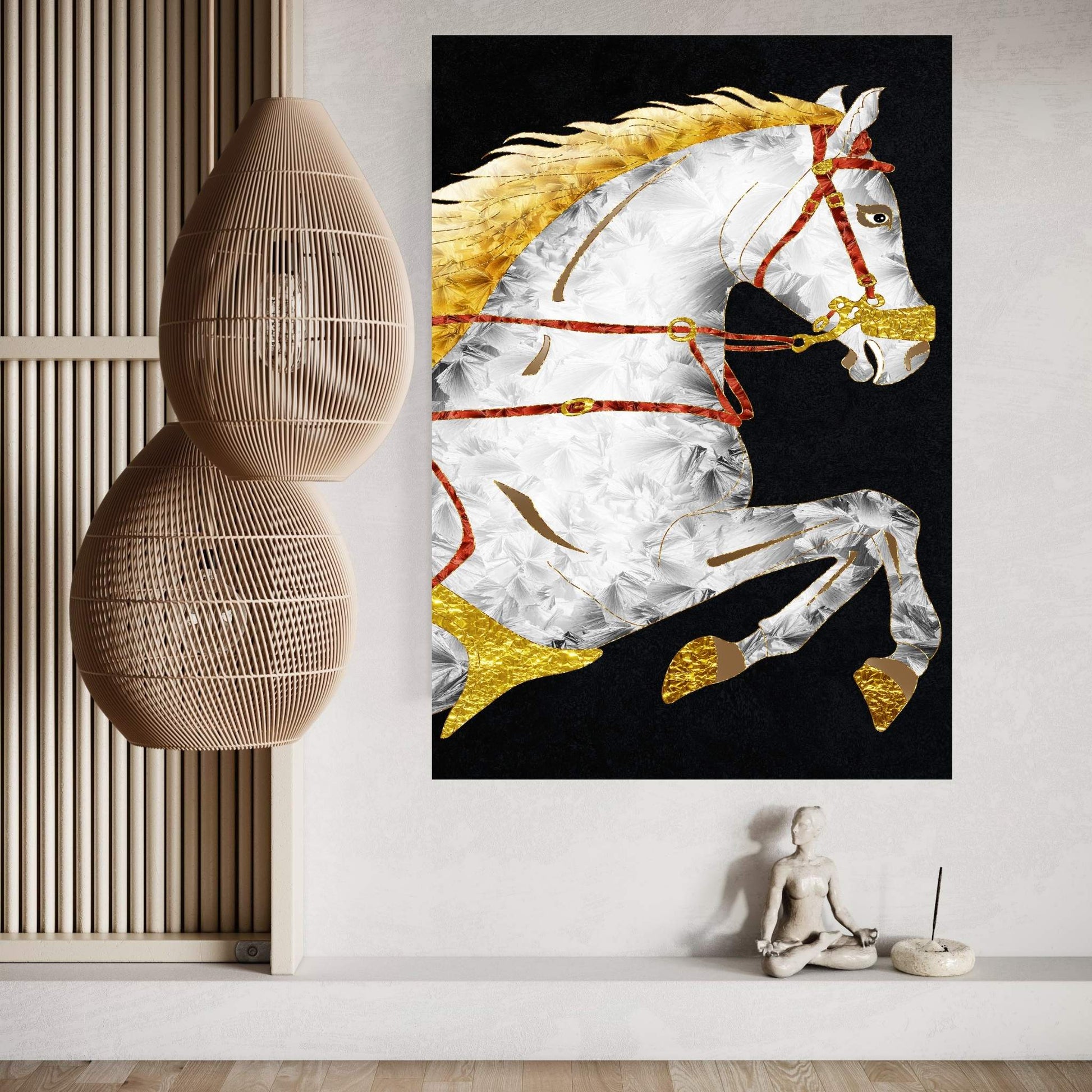 Abstract Modern White Horse with Golden Hair Canvas Wall Art - Y Canvas