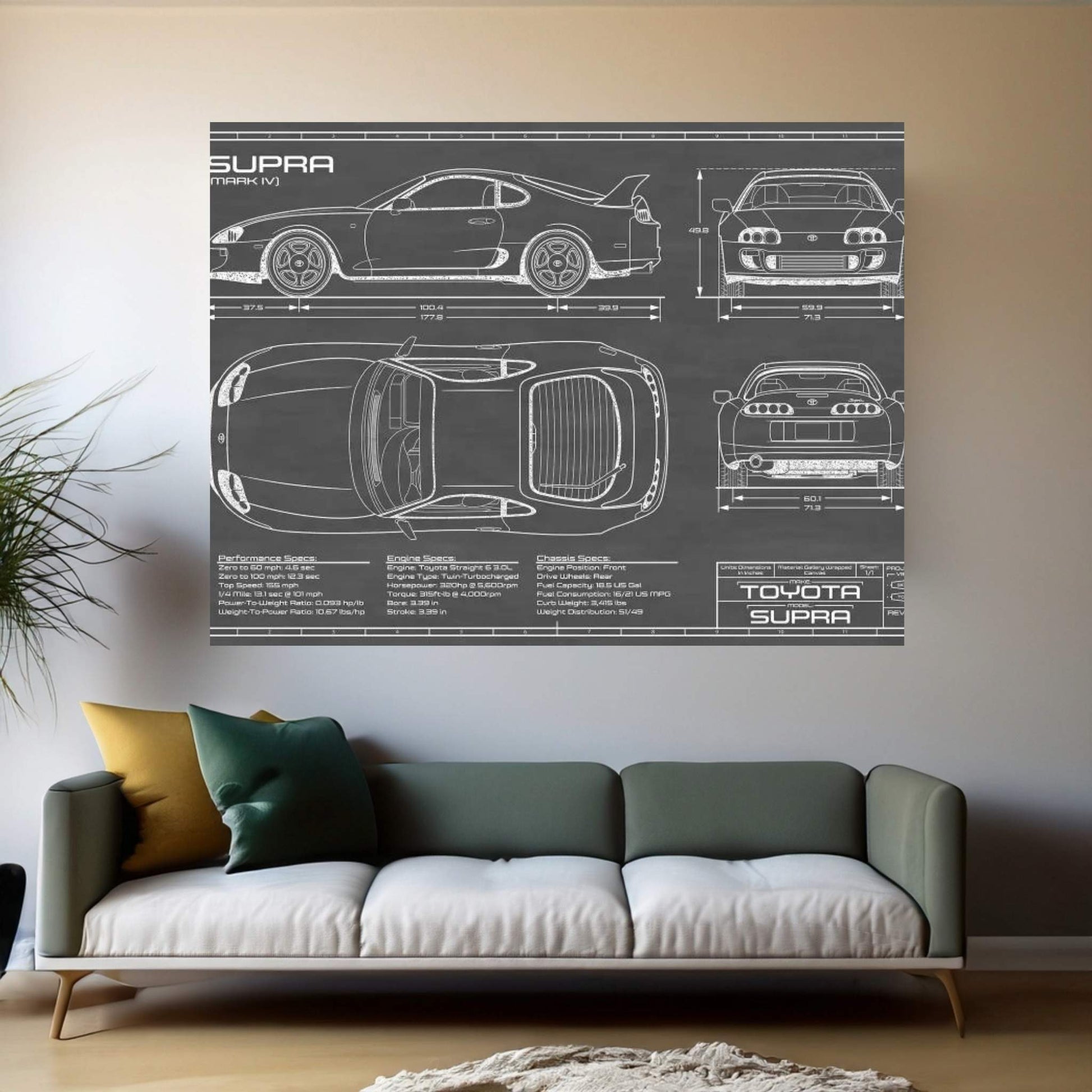 Toyota Supra MKIV | Black Canvas Wall Art - Y Canvas