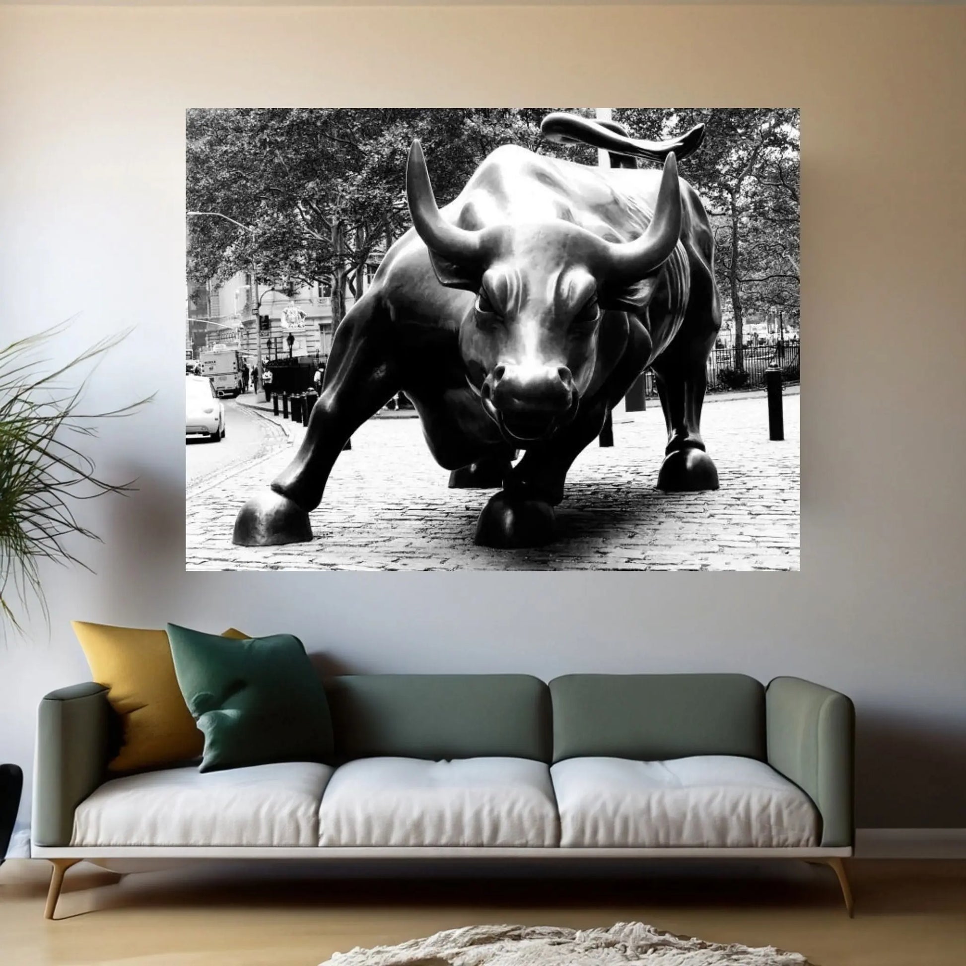 Wall Street Bull Black & White Canvas Wall Art - Y Canvas