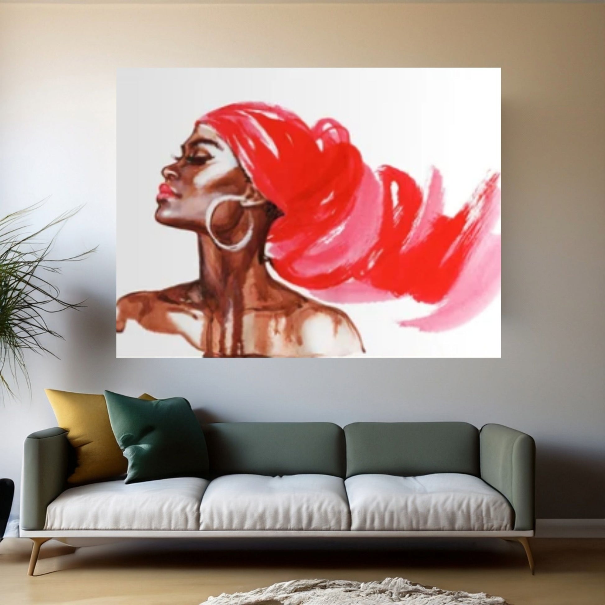 African Woman Portrait, Red American Afro Canvas, Woman Portrait Wall Art, Black Woman Canvas Art - Y Canvas