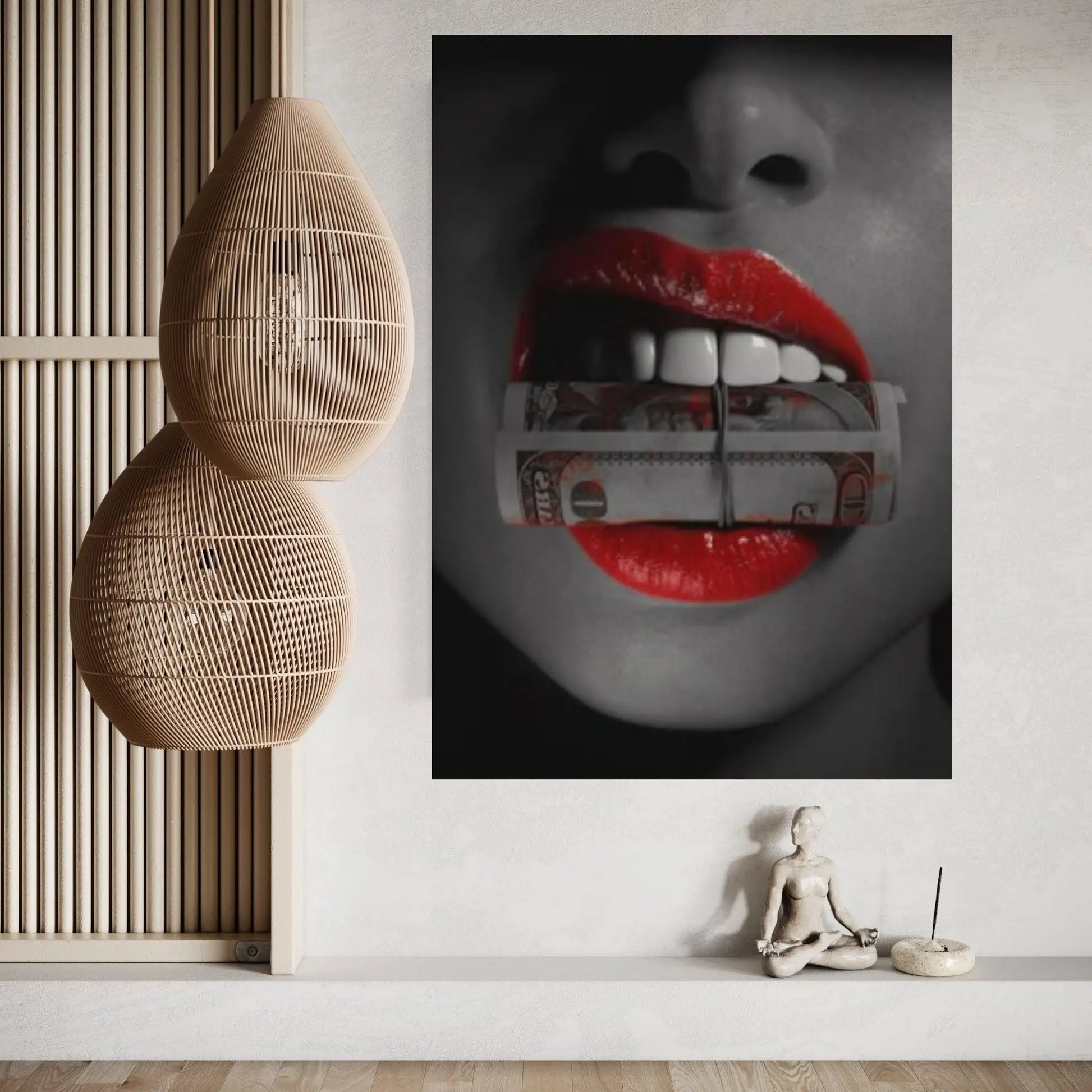 Red Lip Sexy Woman Holding Money In Her Mouth Canvas Wall Art - Y Canvas