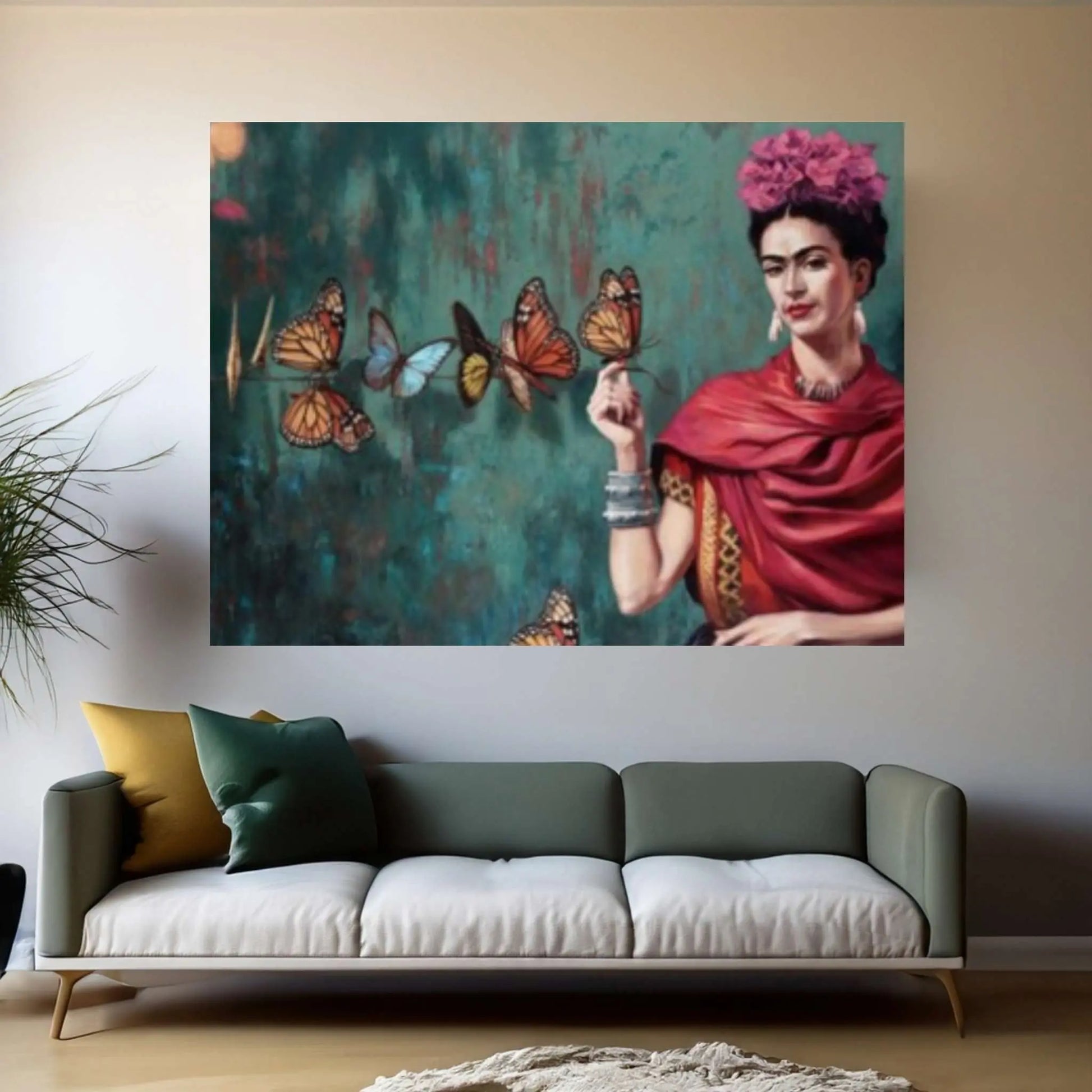 Frida Kahlo Printed, Colorful Printed, Frida And Butterflies Canvas Poster - Y Canvas