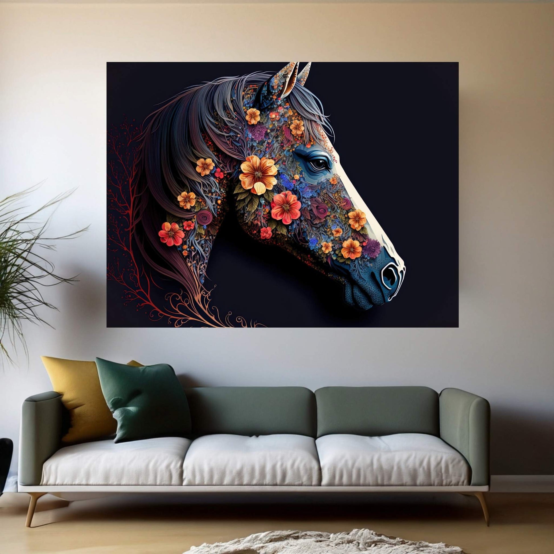 Beautiful Colorful Black Horse Flower Canvas Wall Art , Animal Wall Art - Y Canvas