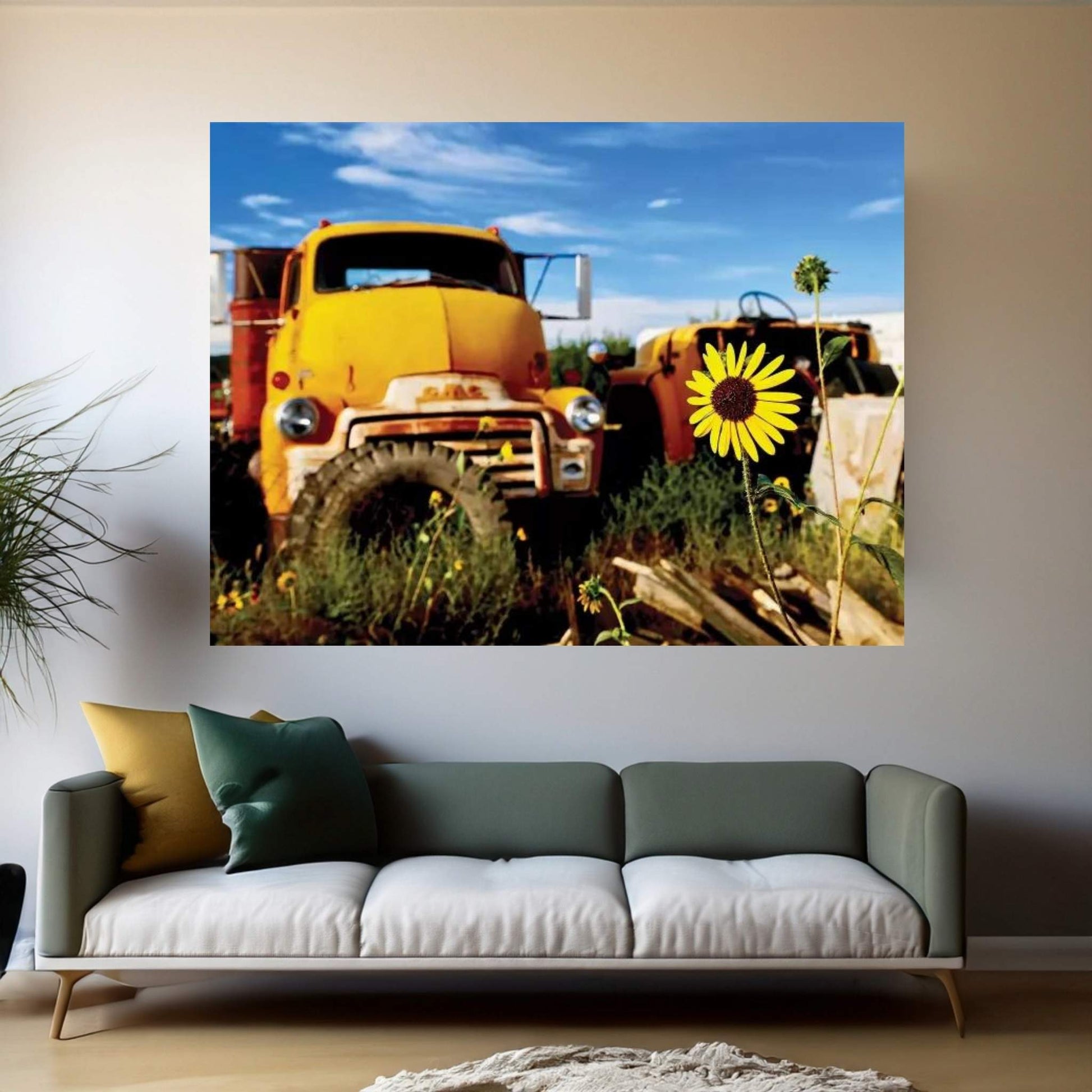 Yellow Daisy With Truck Canvas Wall Art - Y Canvas