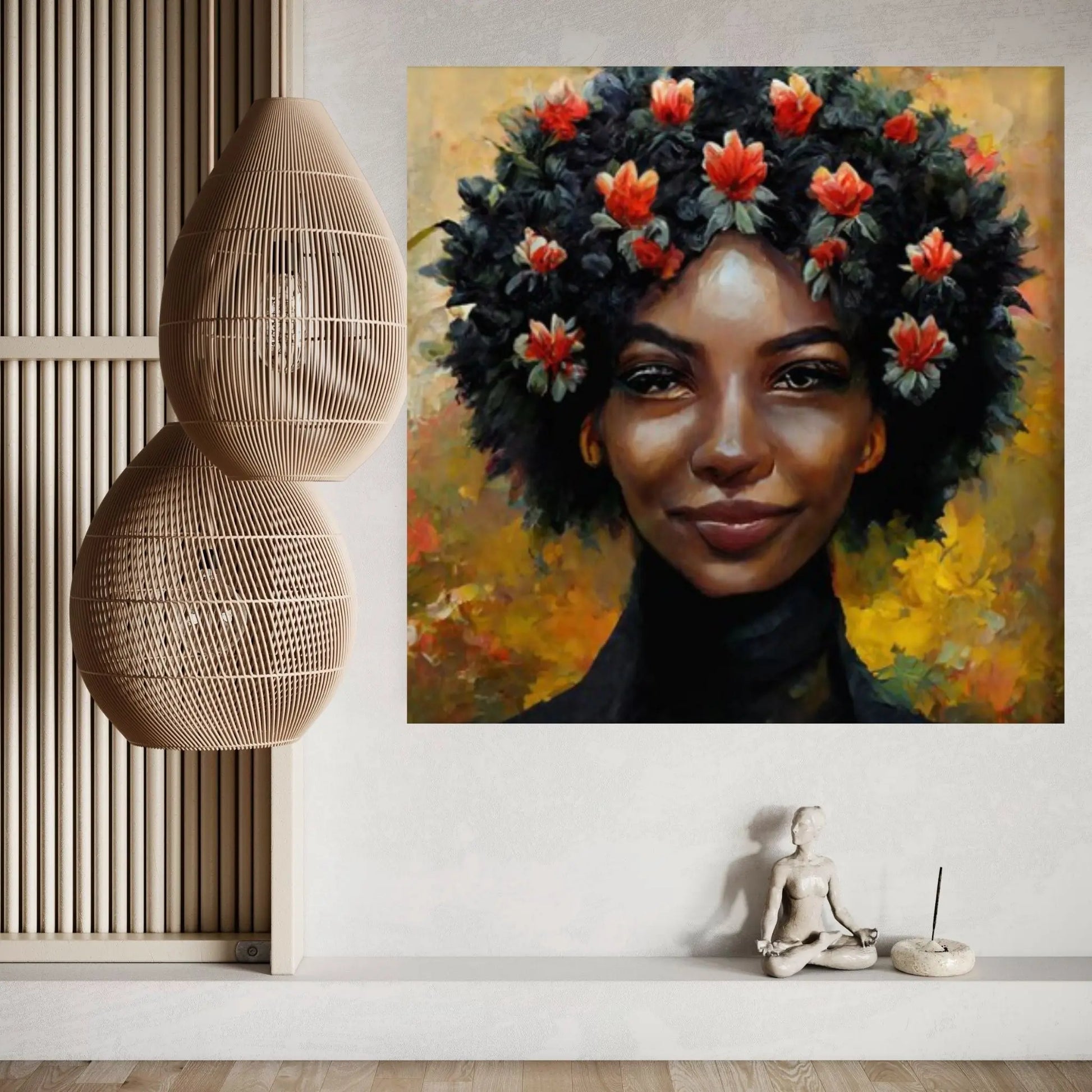 Black woman head flowers Canvas wall art,Black art, Black girl print, flower woman painting, Girl Flowers Poster - Y Canvas