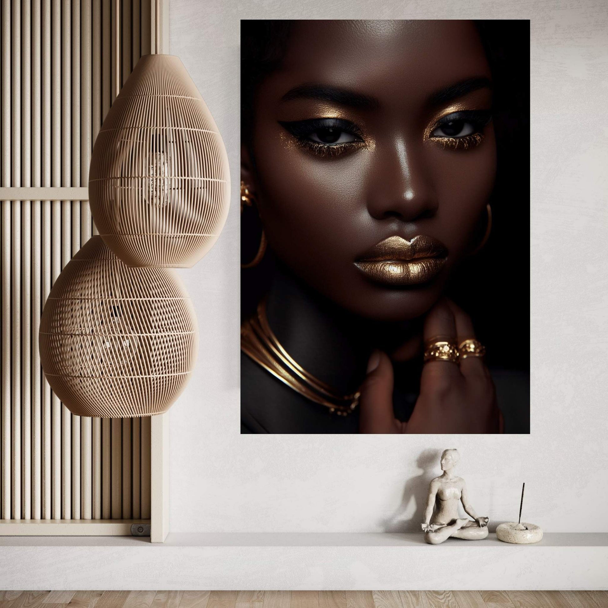 African Black Woman Gold Make-up Canvas Portrait Canvas Wall Art - Y Canvas