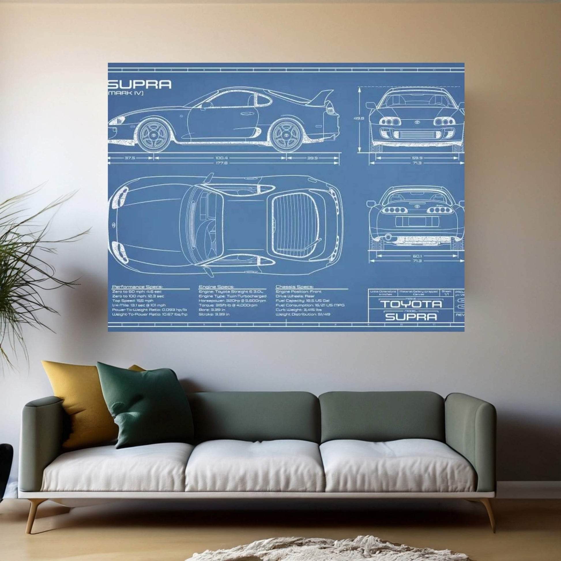 Toyota Supra MKIV Blueprint Canvas Wall Art - Y Canvas