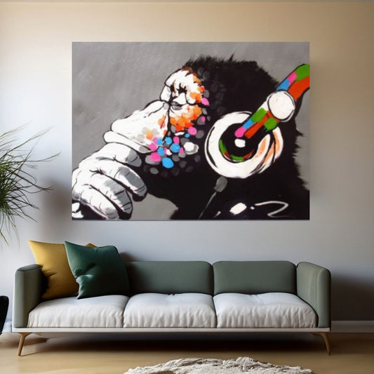 Banksy Dj Monkeycanvas Wall Art, Thinking Monkey Canvas Print, Headphone Monkey - Y Canvas