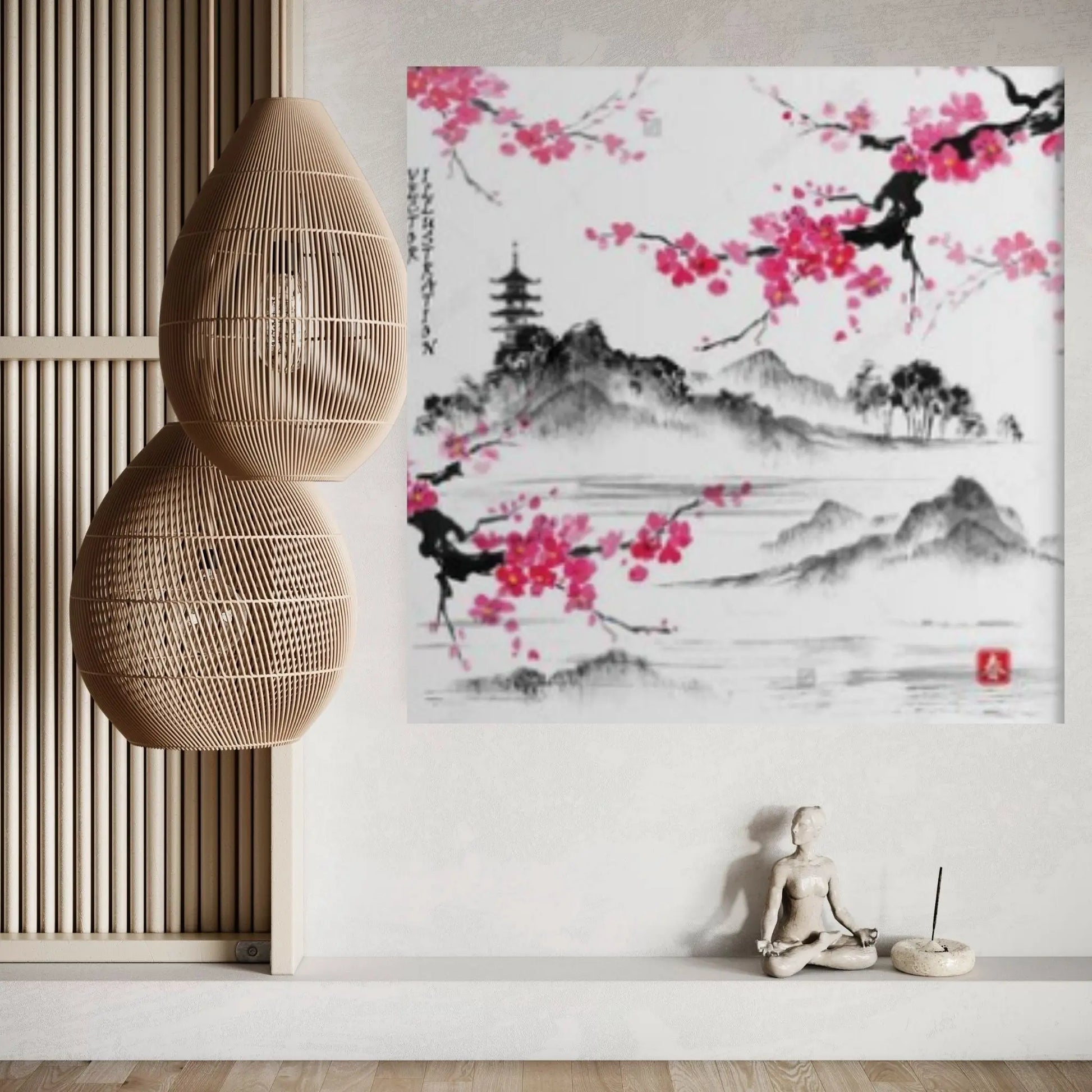 Japanese Landscape with sakura branches, Vector illustration. Hieroglyph Canvas Wall Art - Y Canvas