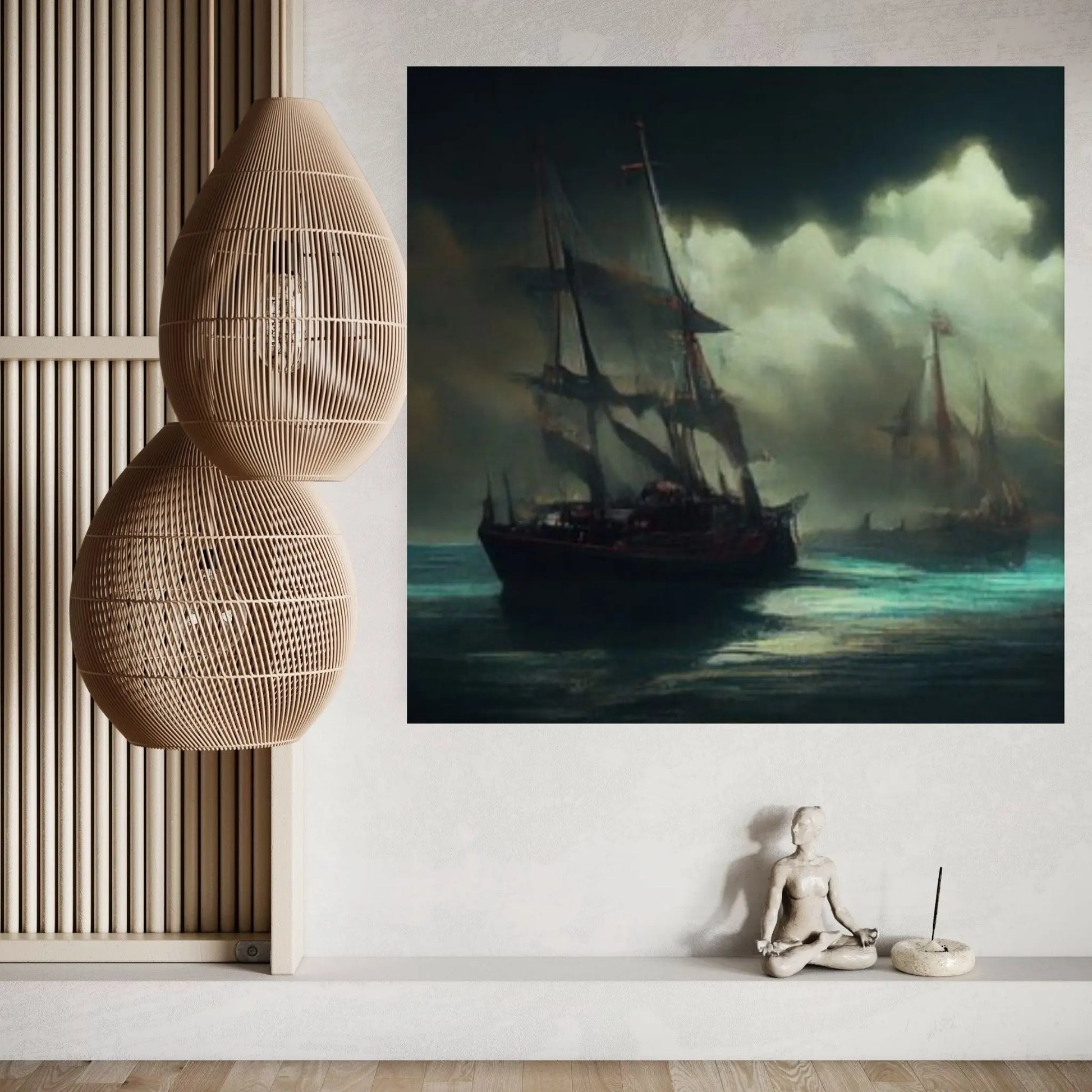 Large Dark Sea Pirates Ship Canvas Wall Art, Pirates Canvas Wall Print, Corsair on Sea Wall Hangings, Dark Colours Boat Room Decor - Y Canvas