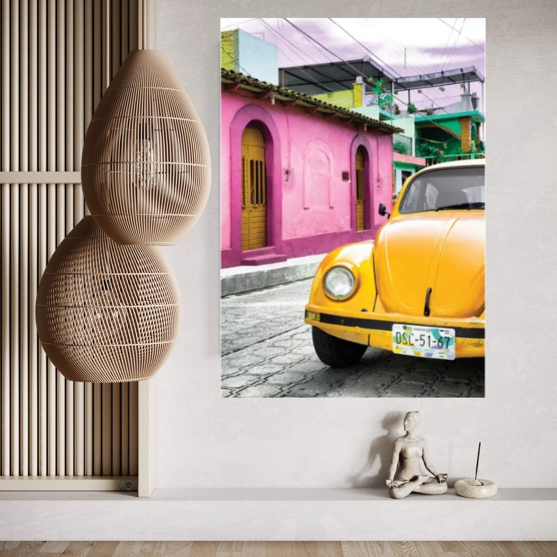 Yellow VW Beetle Car Canvas Wall Art - Y Canvas