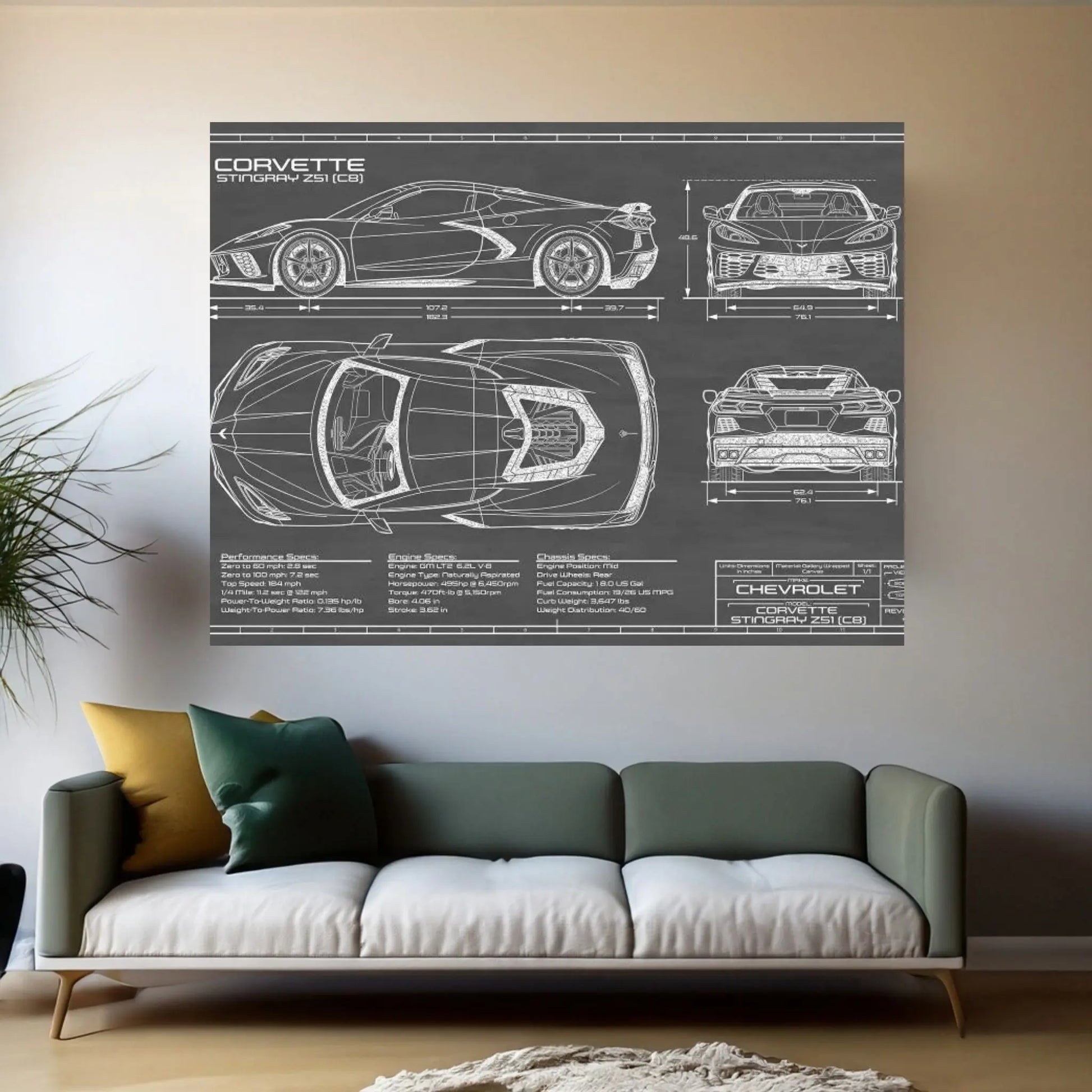 Corvette (C8) Stingray Black Canvas Wall Art - Y Canvas