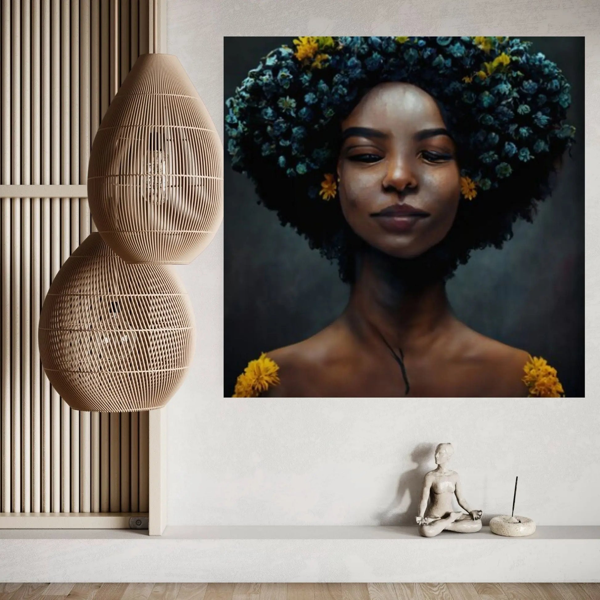 Black woman head flowers Canvas wall art,Black art, Black girl print, flower woman painting, Girl Flowers Poster - Y Canvas