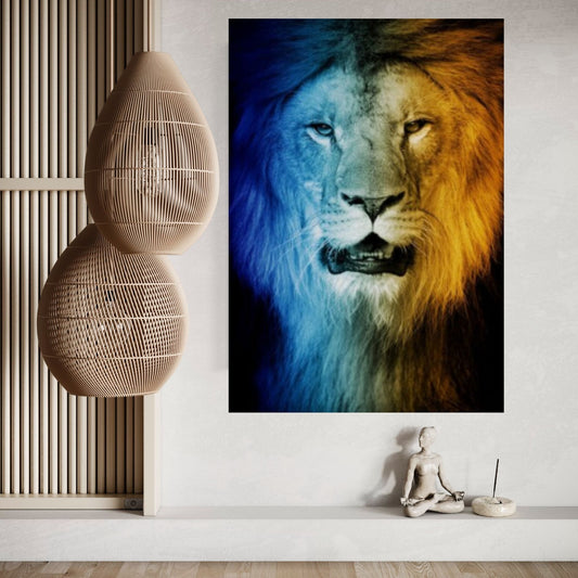 African Lion Canvas Wall Art, Black and white blue eyes lion Canvas Print - Y Canvas