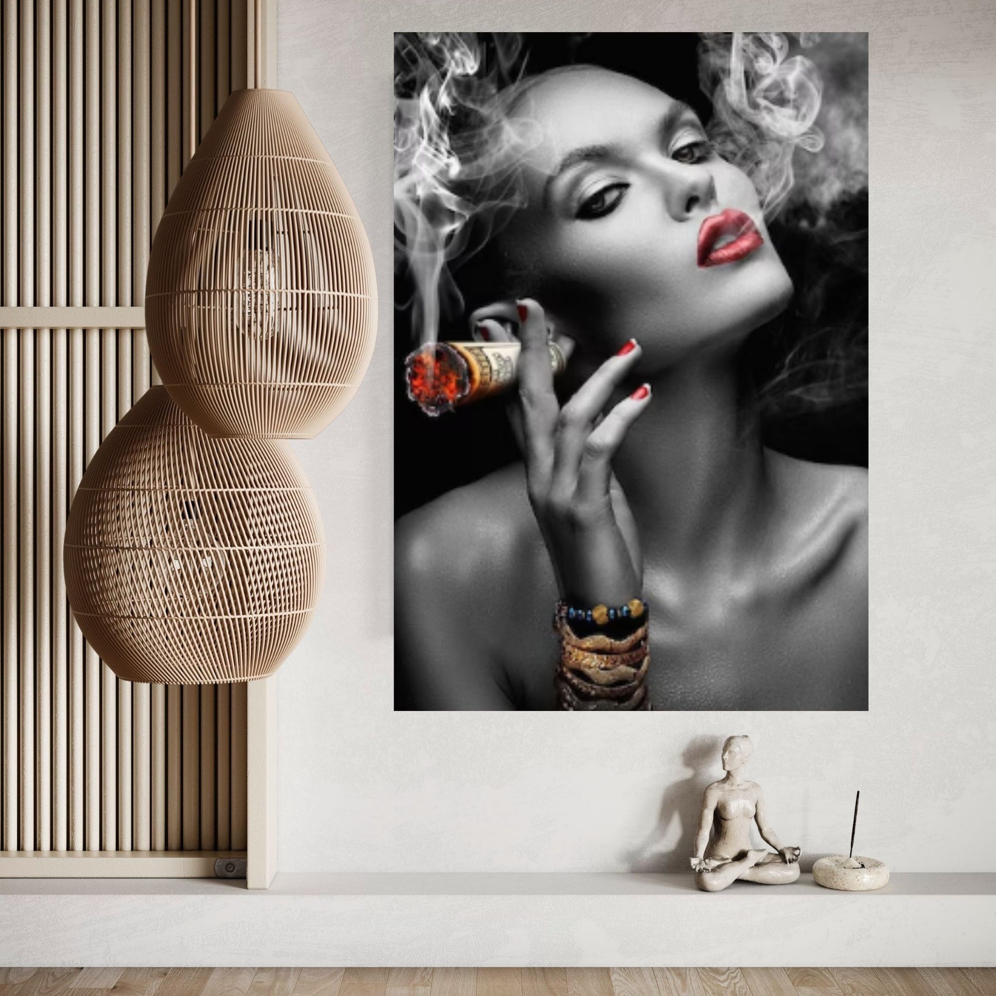 Woman Smoking Cigar Canvas, Smoking Girl Poster, Dollar Cigar Poster Art, Woman with Red Lipstick Wall Decor - Y Canvas