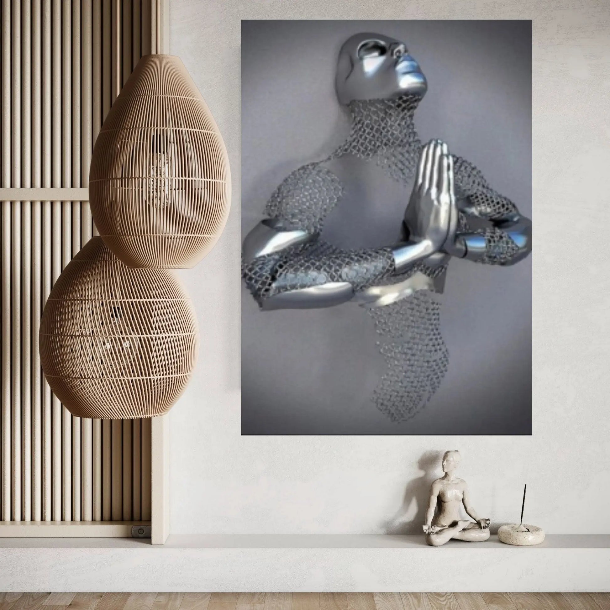 Praying Chain Grey Art Print on Canvas, Metallic Wall Art Canvas - Y Canvas