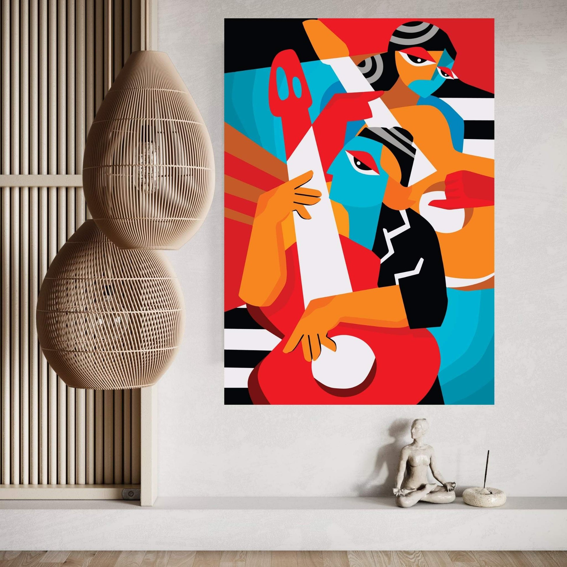 Husband and Wife Couple Playing Picasso Style Musical Instruments Canvas Wall Art - Y Canvas