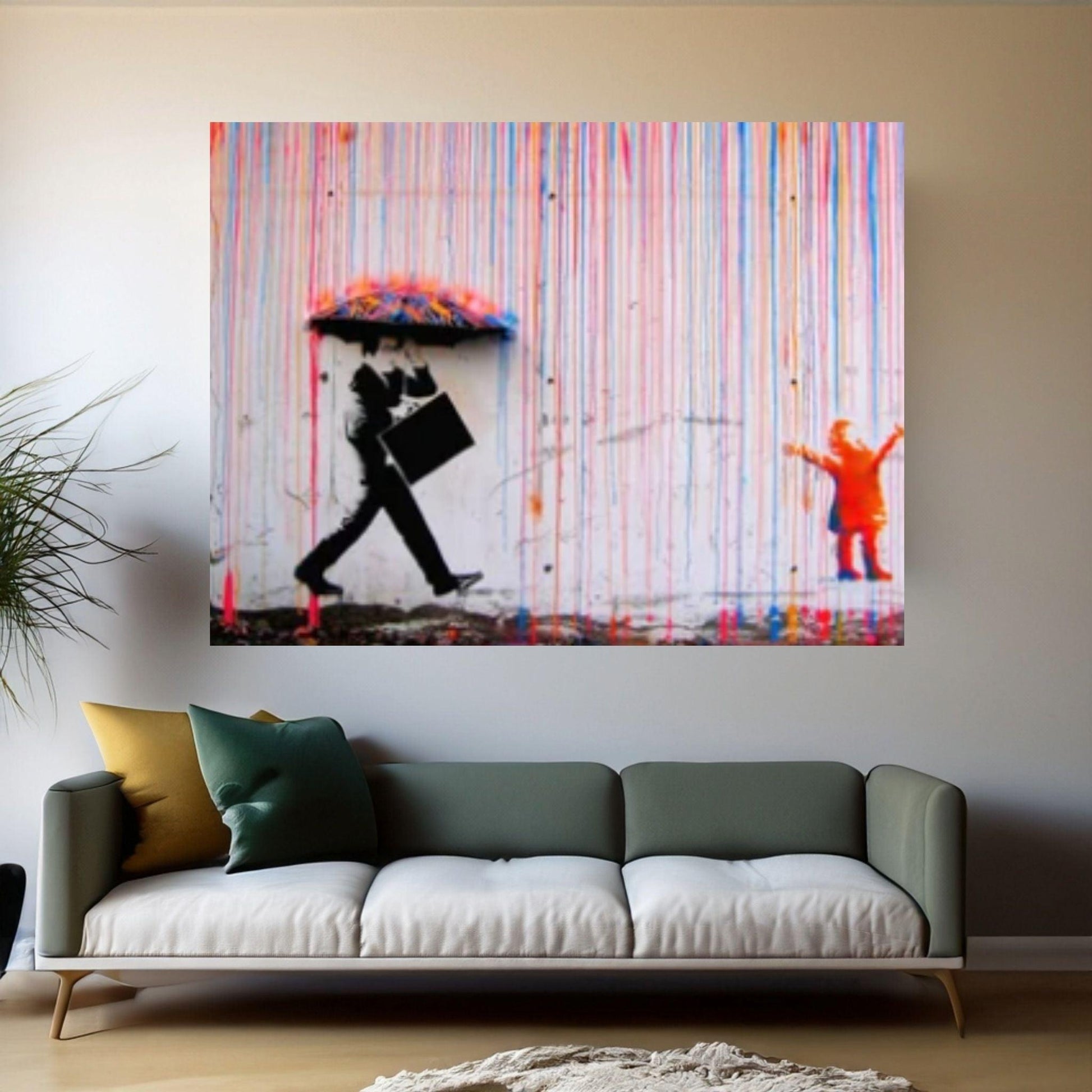 Banksy Rainbow Rain Canvas Wall Art Poster Print, Banksy Rainbow Rain, Coloured Rain Wall Art - Y Canvas