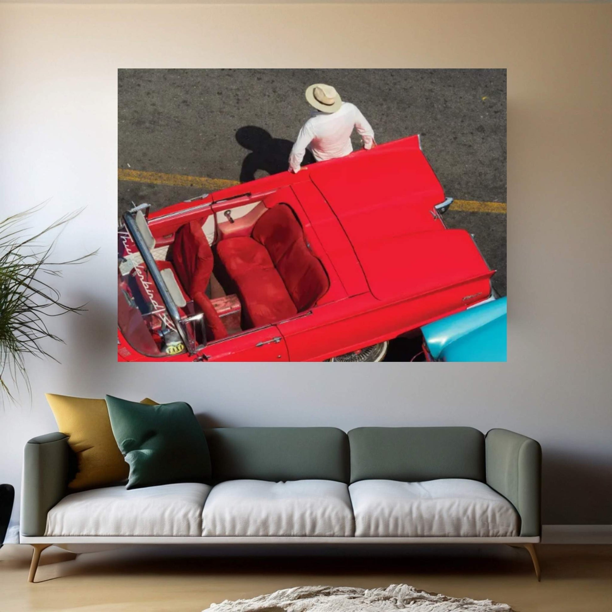 Cuba, Havana, Havana Vieja (Old Havana), red classic convertible and driver, viewed from above Canvas Wall Art - Y Canvas