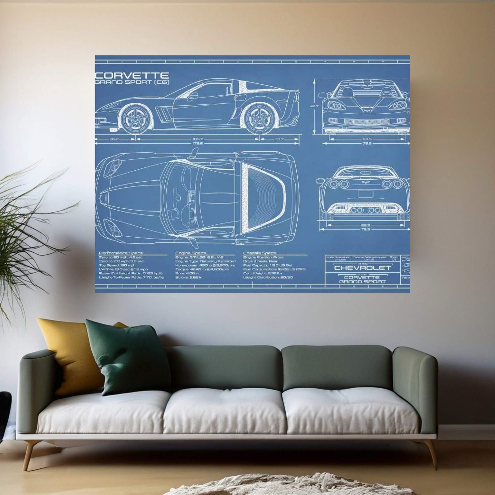 Corvette (C6) Grand Sport Blueprint Canvas Wall Art - Y Canvas