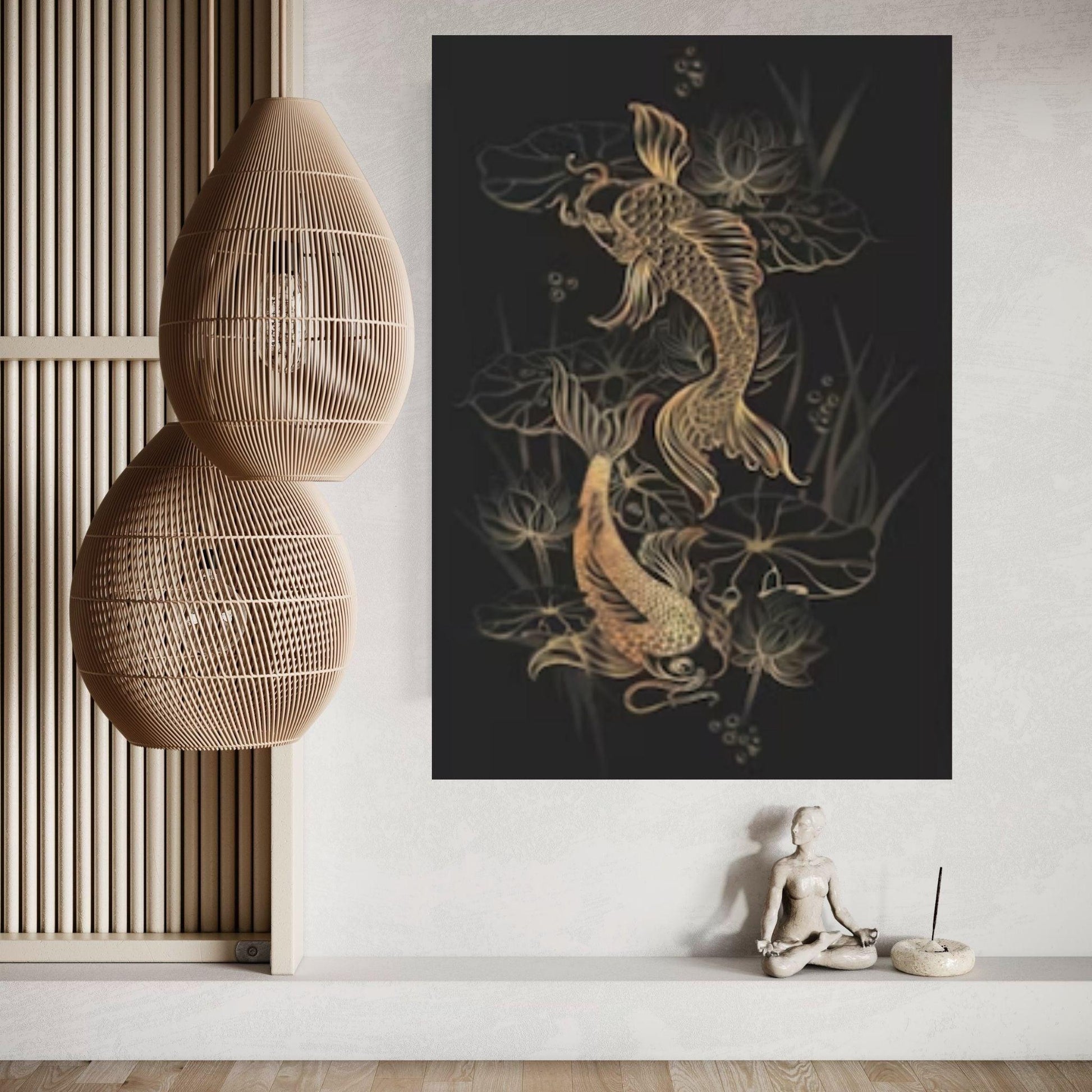 Large Koi Carps and Lotus-Asian Spiritual Symbols Print Canvas Wall Art - Y Canvas