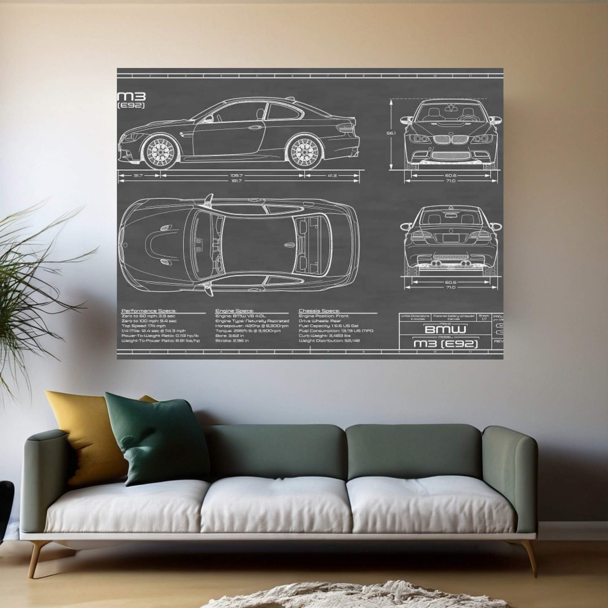 BMW M3 (E92) Black Canvas Wall Art - Y Canvas