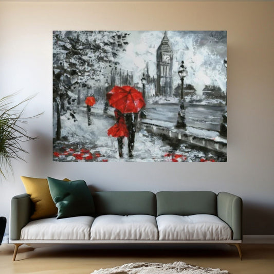 England Bridge illustration Man and woman under red umbrella photo, London street Oil painting - Y Canvas