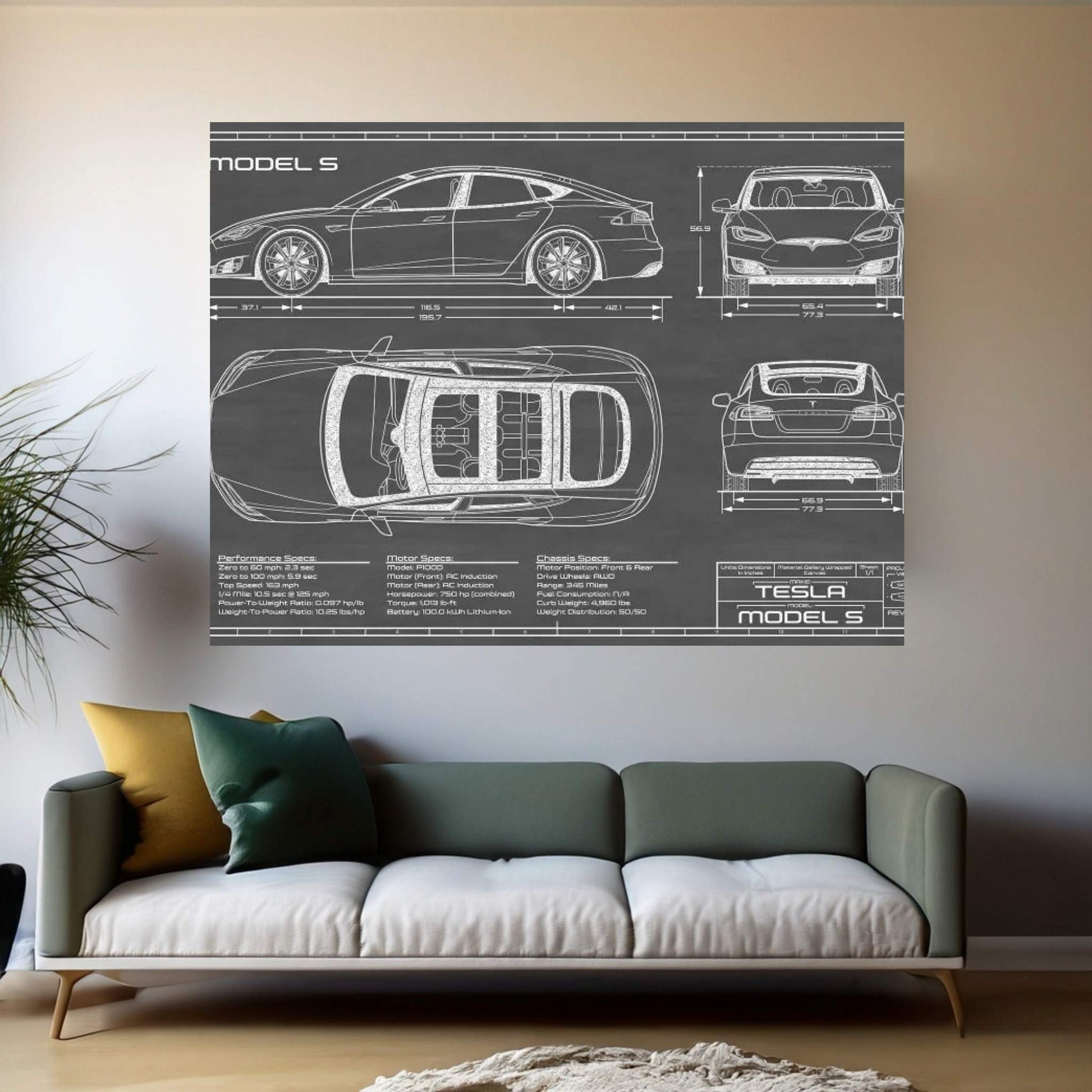 Tesla Model S (2016-2020) | Black Canvas Wall Art - Y Canvas