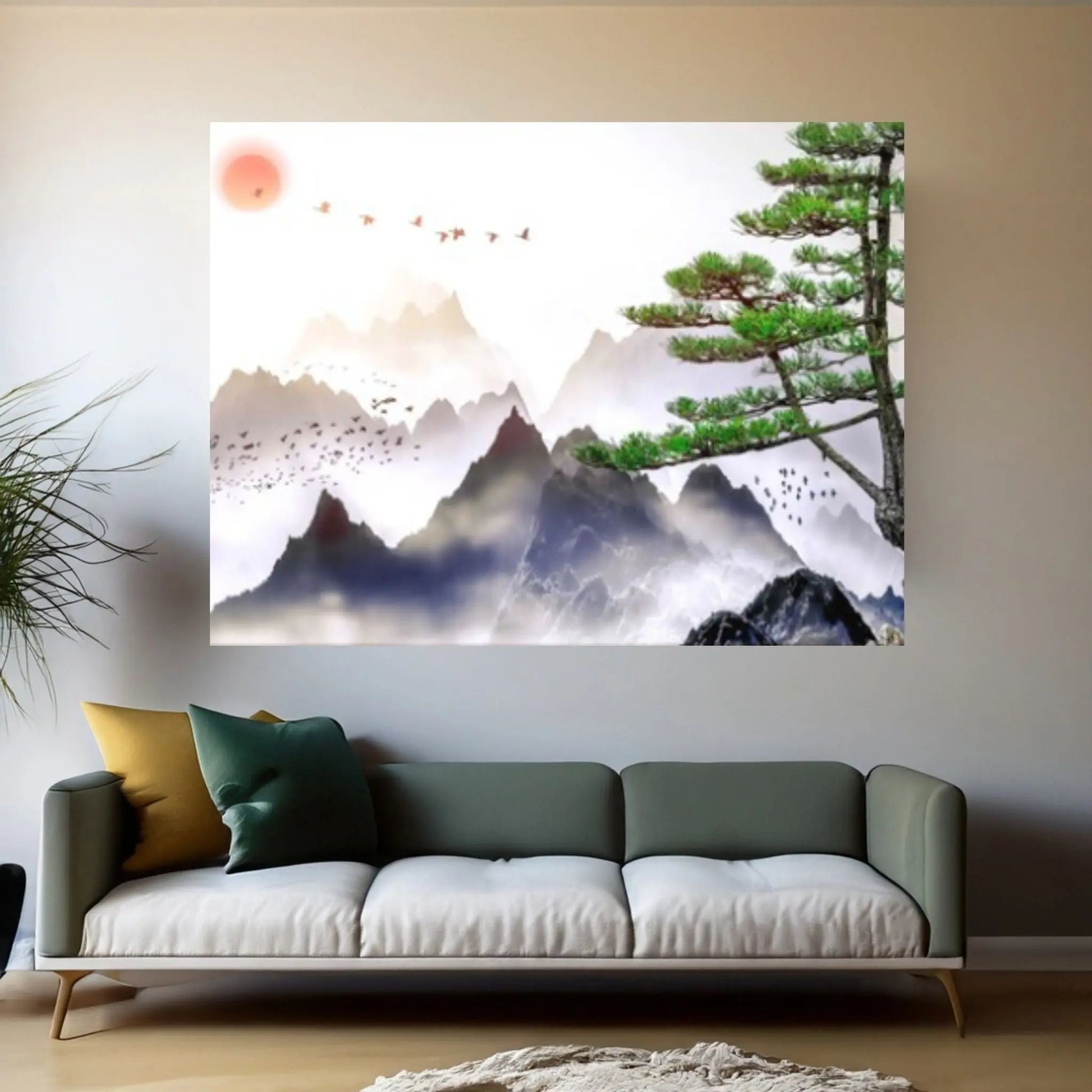 Japanese Landscape Painting of Pine Trees Canvas Wall Art, Distant Mountains, Cloud and Sunrise - Y Canvas