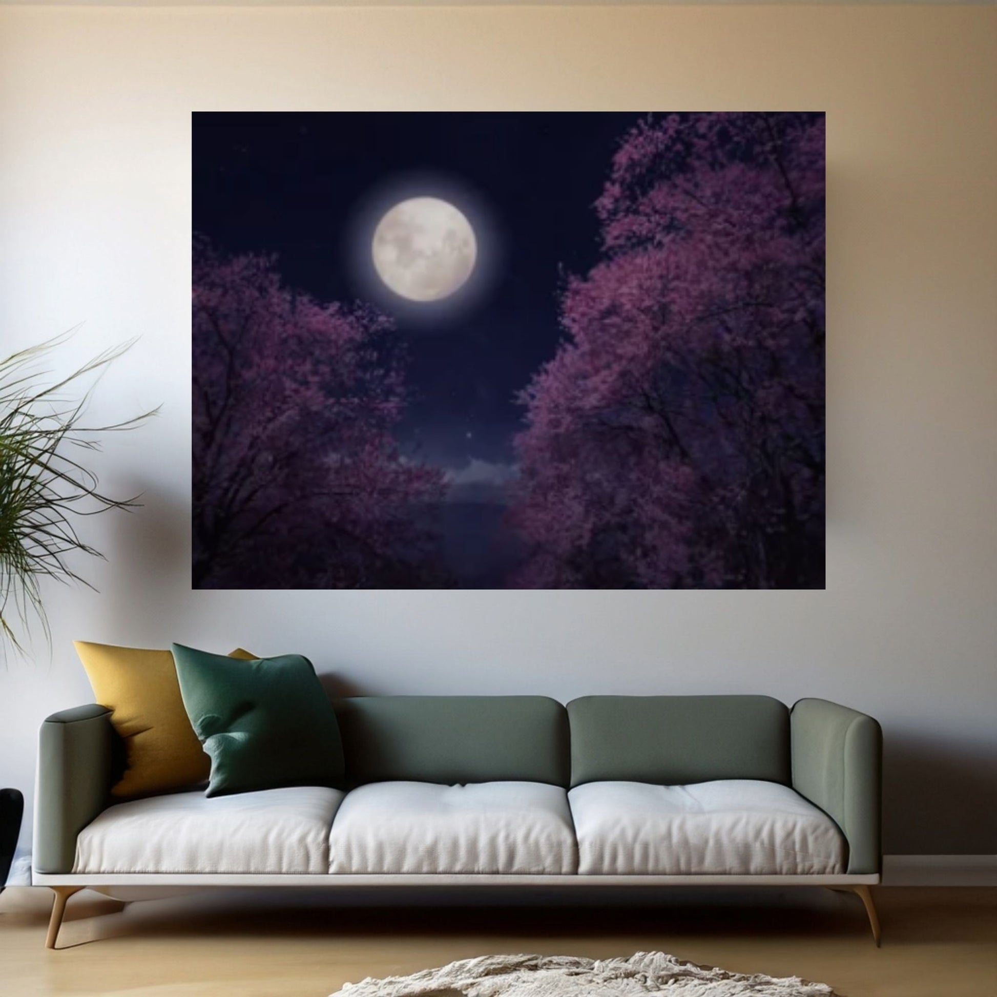 Moon over the Sea, Cherry Tree Blossoms Painting Print on Canvas - Y Canvas