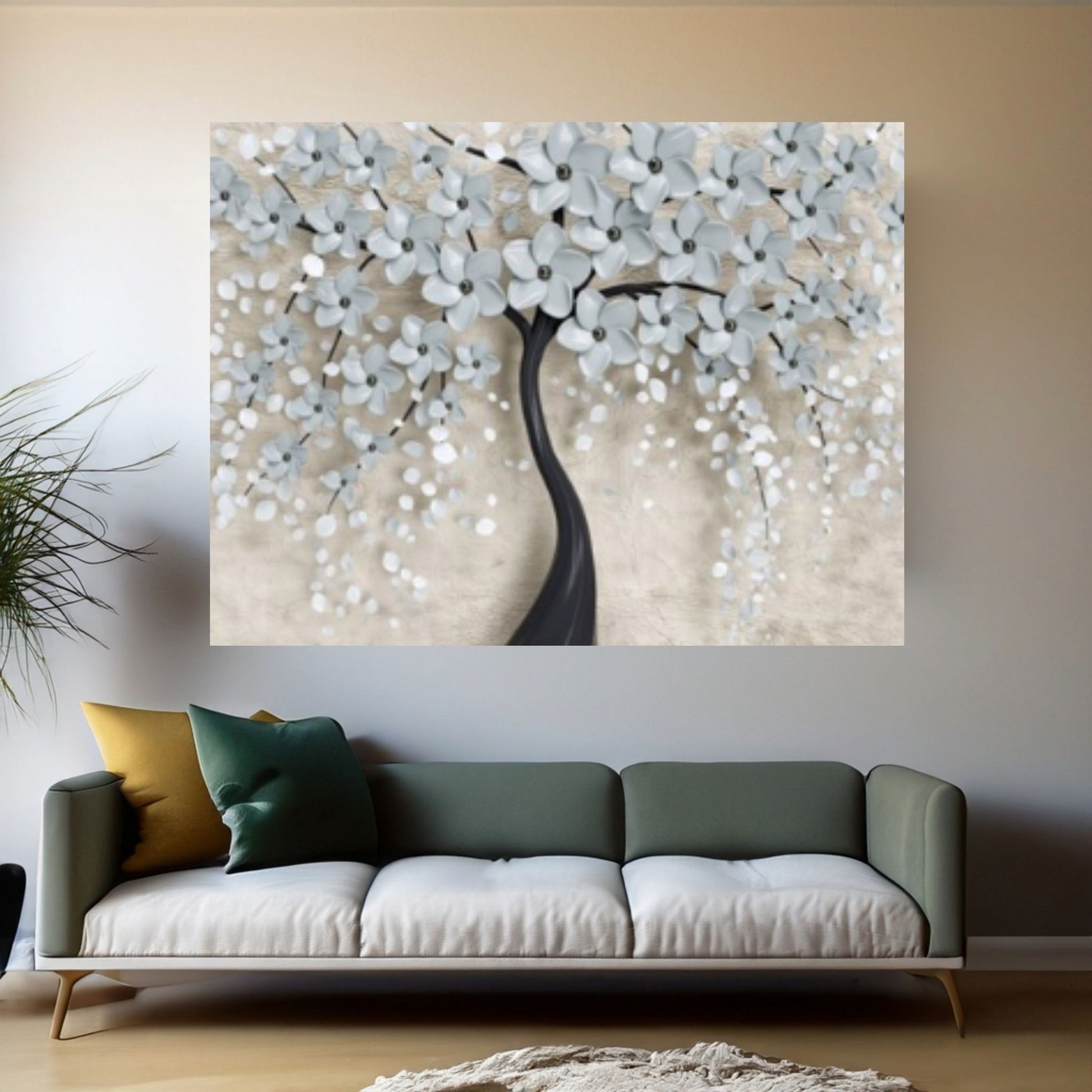 3D Tree With White Flowers Oil Painting On Canvas, White Cherry Flower, Large Wall Art, Palette Knife Painting - Y Canvas