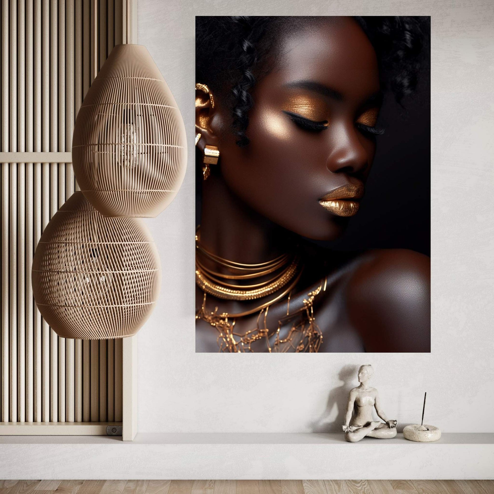 African Black Woman Gold Make-up Canvas Portrait Canvas Wall Art - Y Canvas